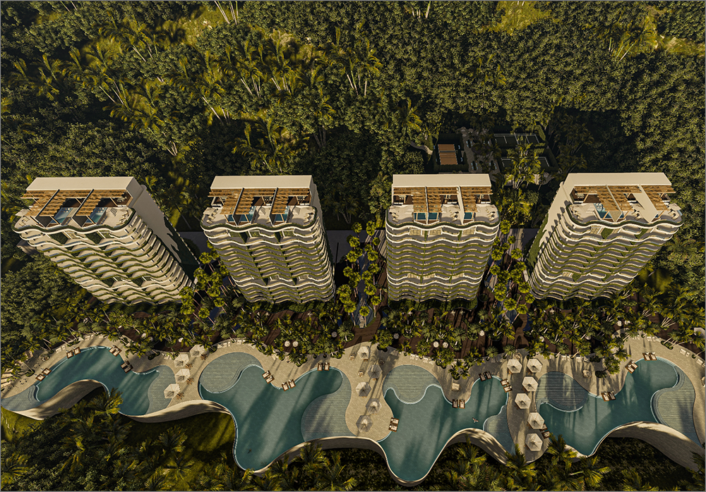 Aerial view of Green Bliss eco-luxury towers in Amapas Puerto Vallarta, surrounded by tropical jungle and the Pacific coastline