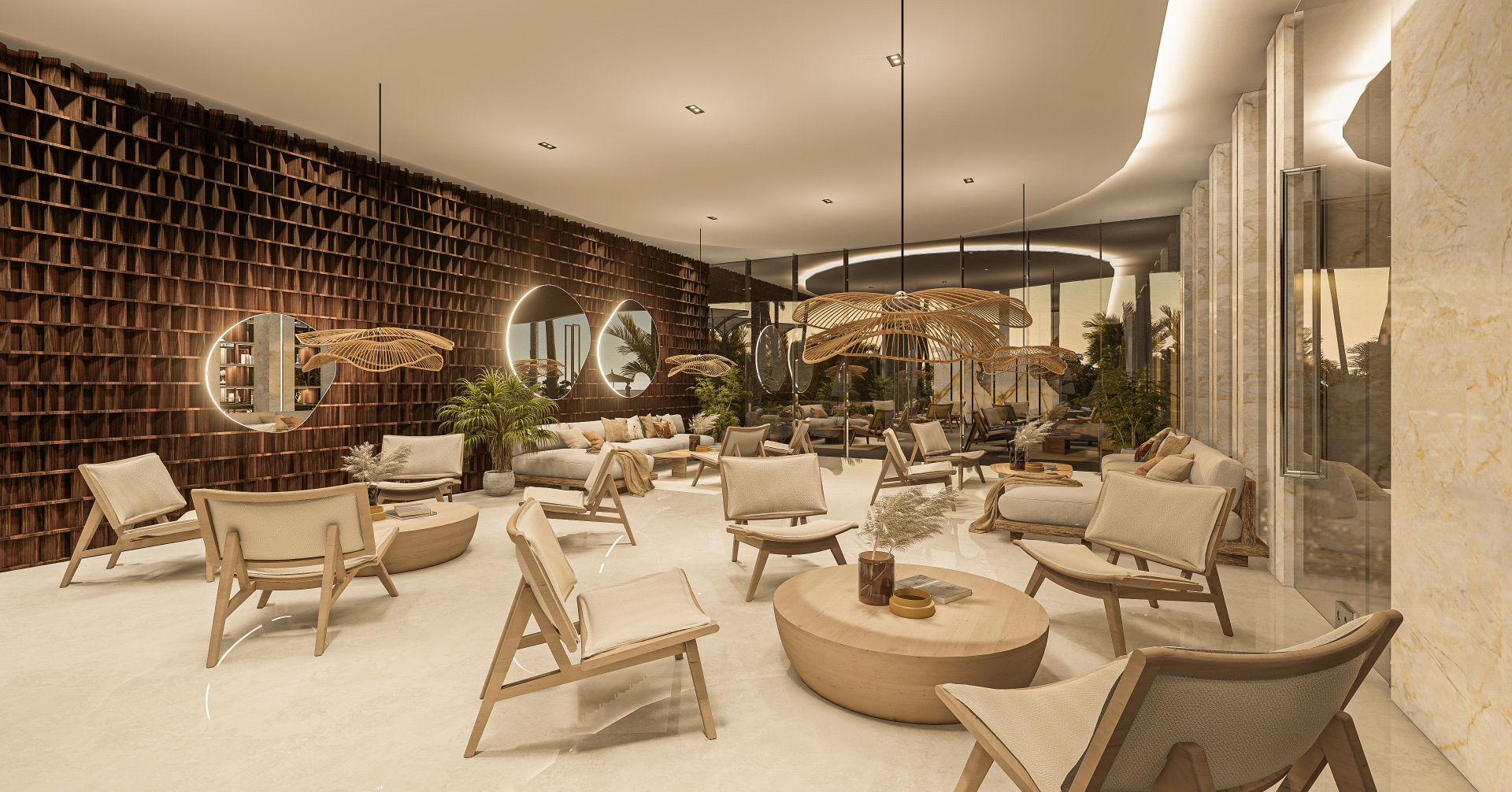 Green Bliss interior lounge in Amapas Puerto Vallarta with natural materials, marble finishes and floor-to-ceiling oceanview windows