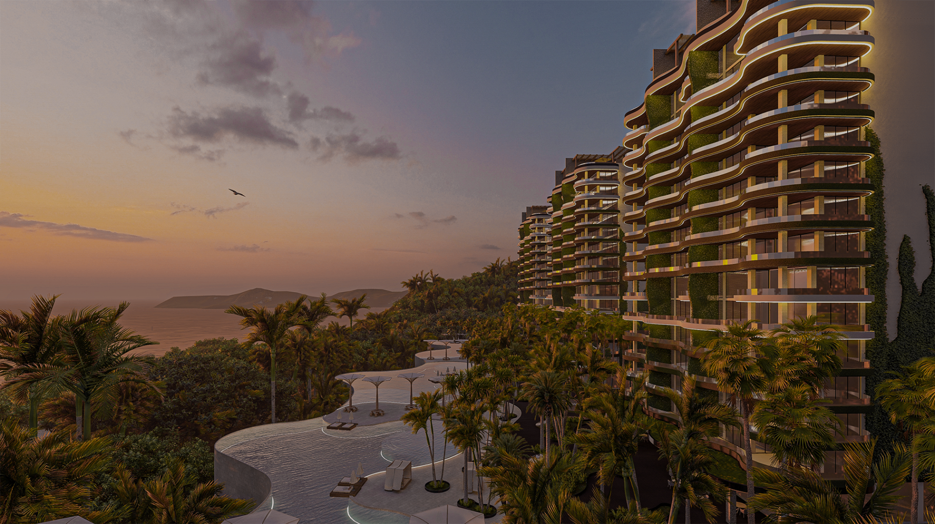 Green Bliss Puerto Vallarta luxury oceanview apartments at sunset overlooking Banderas Bay