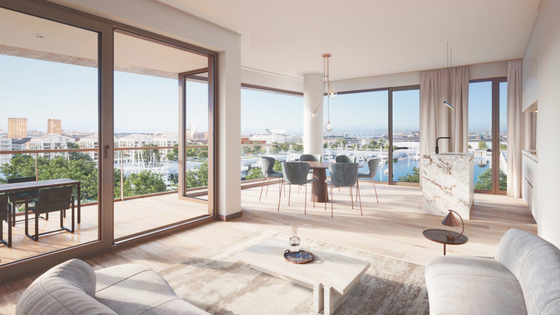 Open leefruimte met panoramisch uitzicht over de jachthaven en het Eilandje