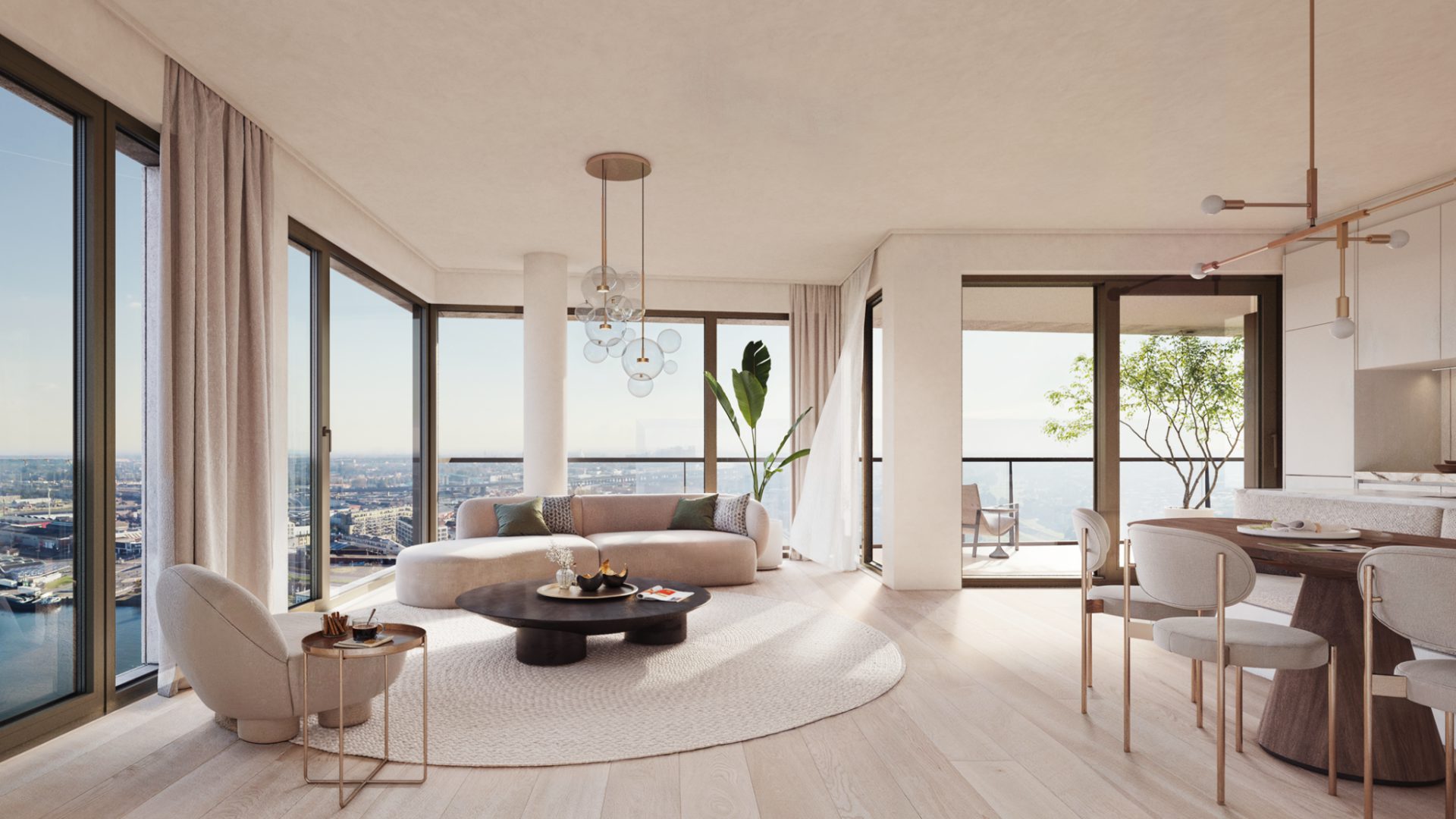 Lichte leefruimte met curved sofa en terras met uitzicht