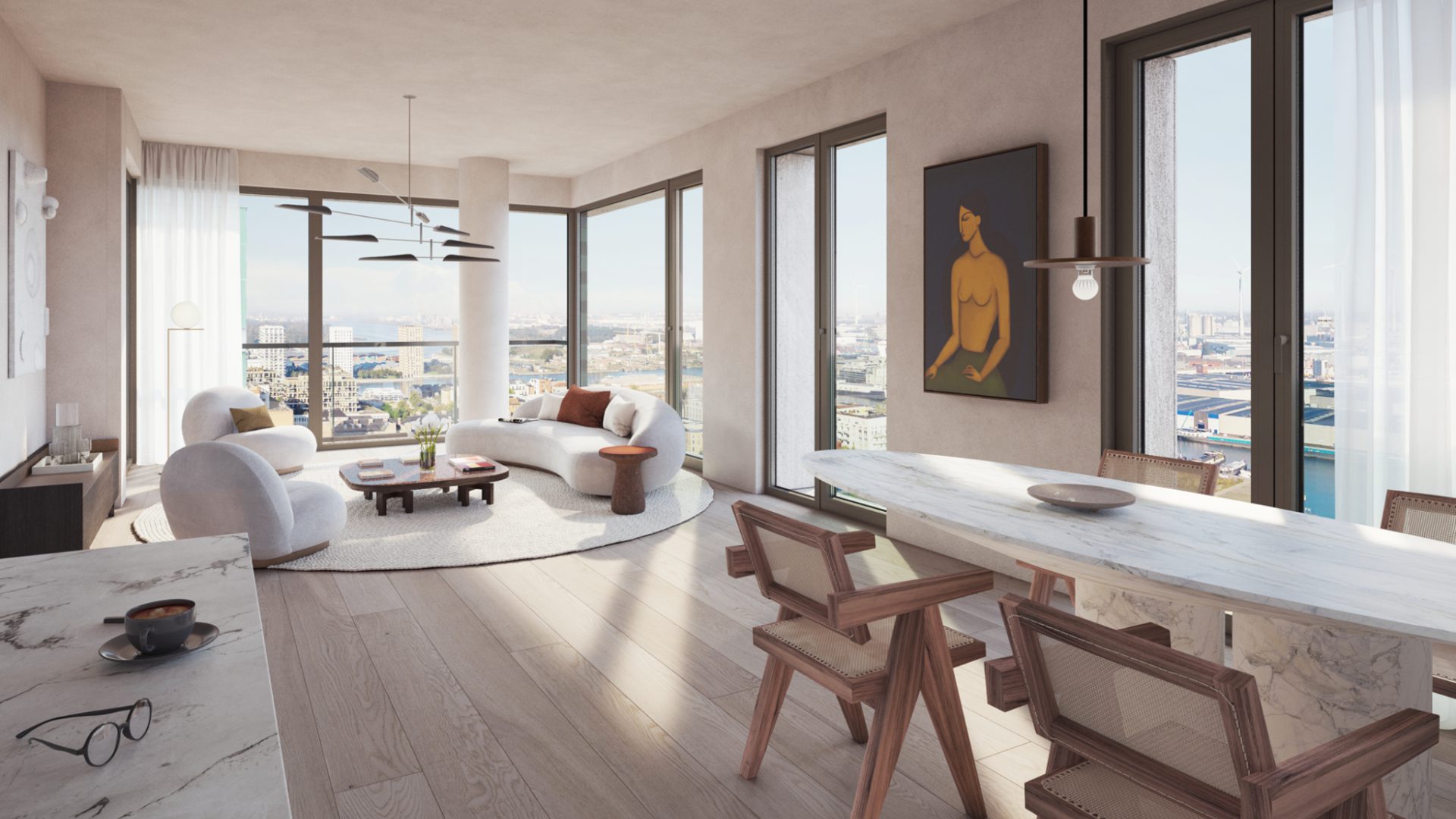 Eetkamer en zithoek met kunstwerk en panoramisch stadszicht