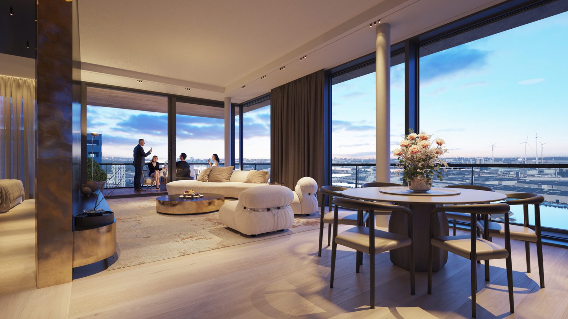 Penthouse living met velvet sofa en zicht op de Onze-Lieve-Vrouwekathedraal