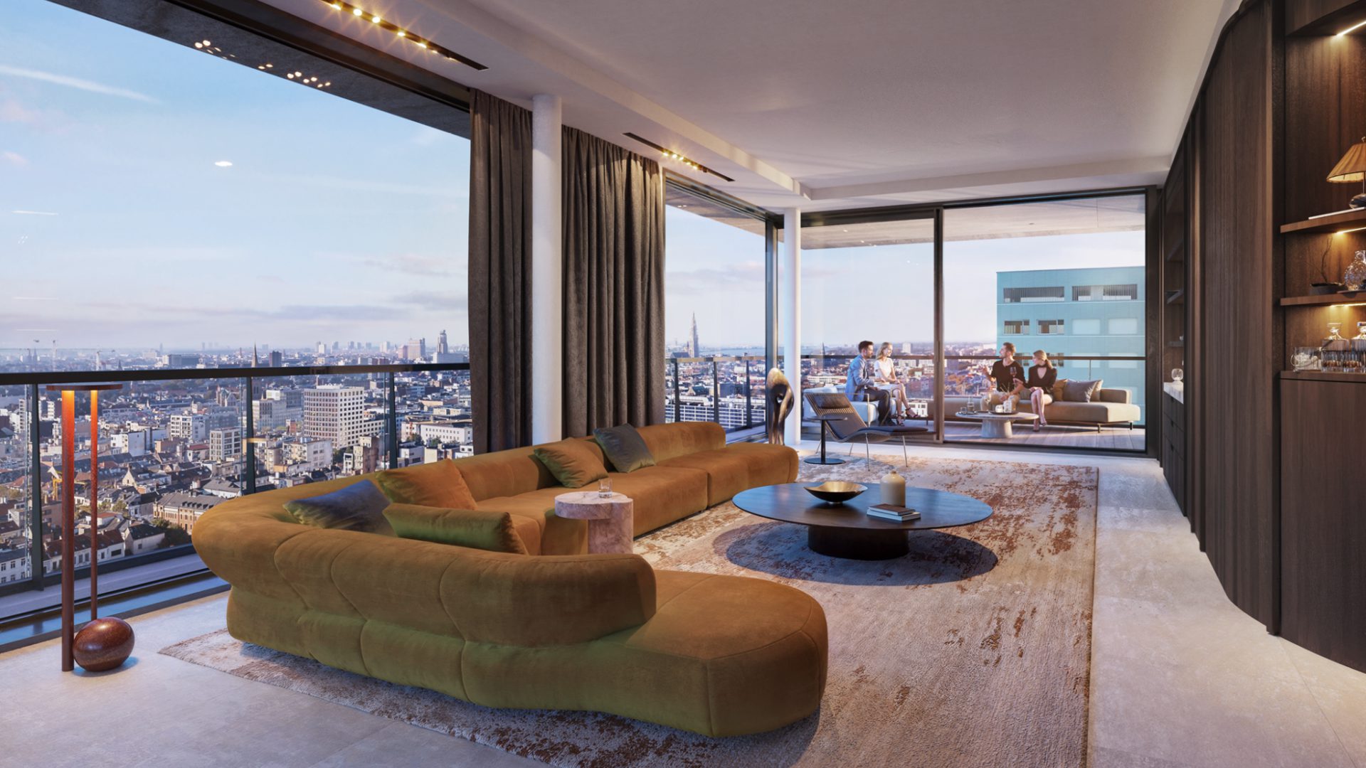 Terras met loungezetels en panoramisch havenzicht