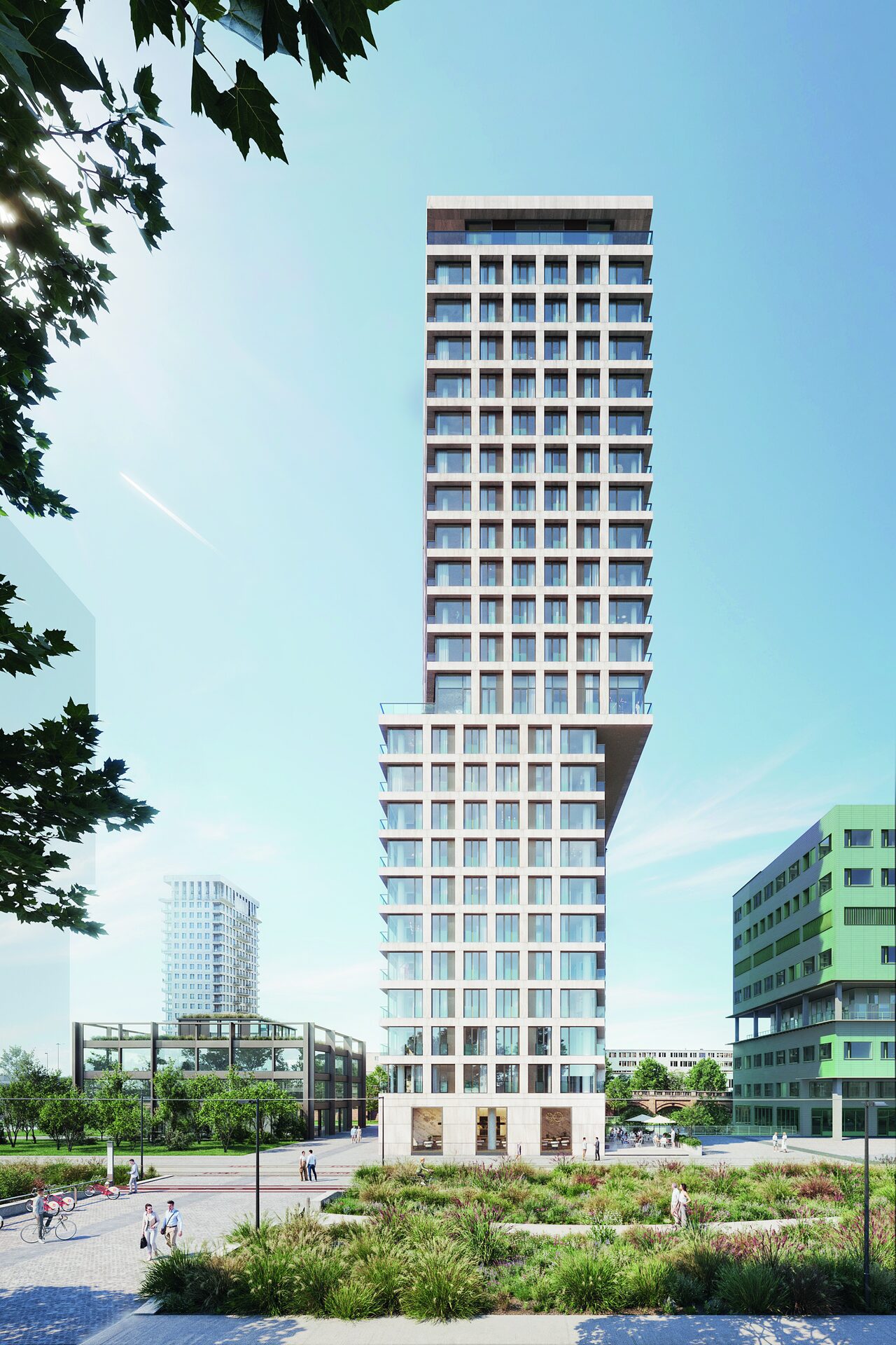 Natuurstenen gevel met bronskleurig aluminium schrijnwerk, detail Twist Tower