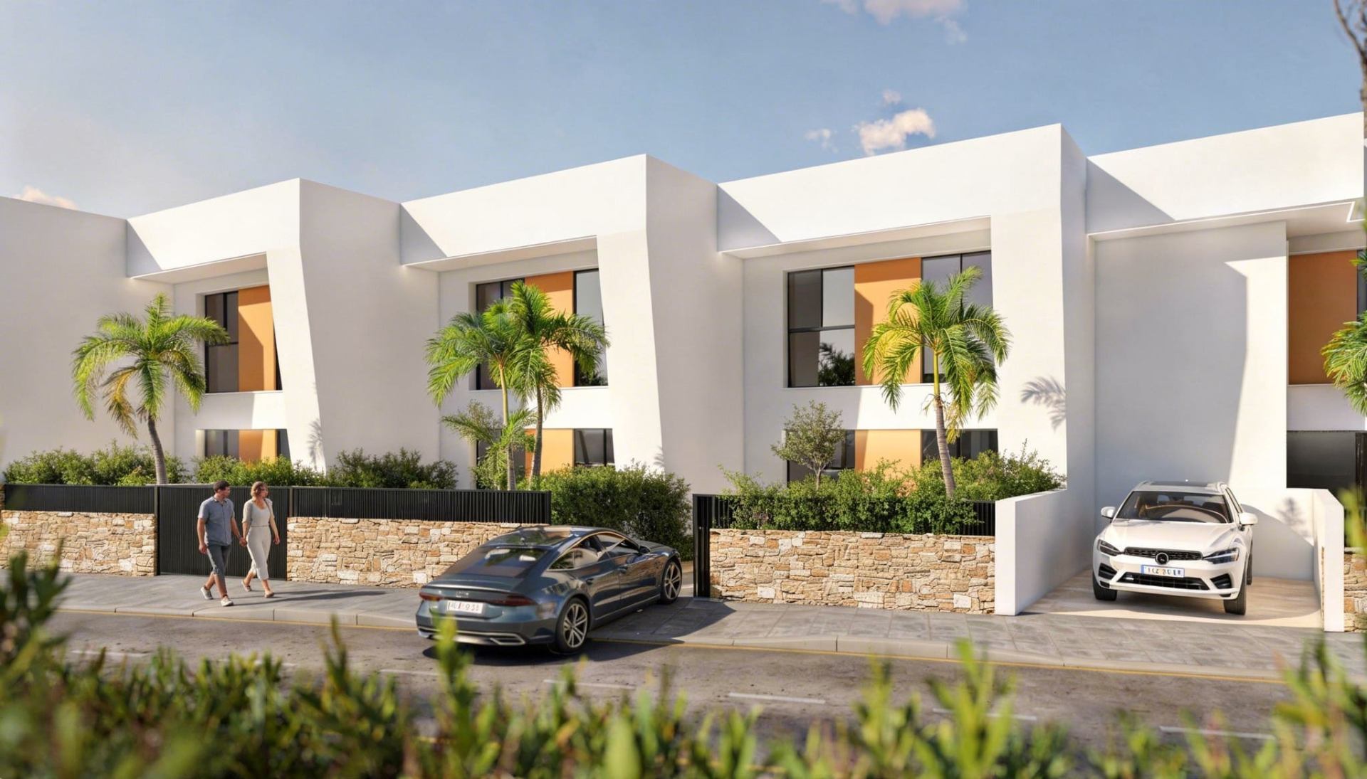 Voorgevel van Bahía Blanca met carports en mediterrane beplanting