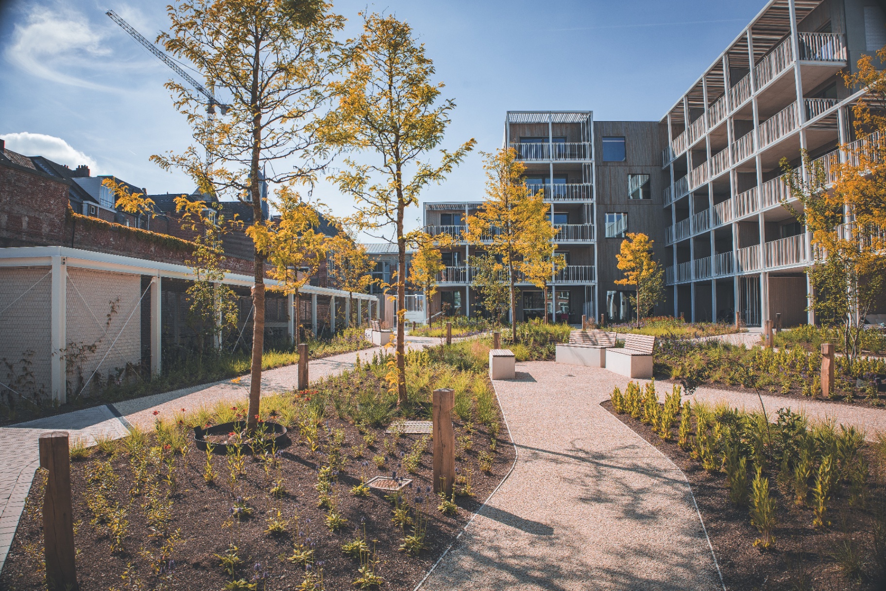 Wandelpad door de groene binnentuin met nieuwbouwappartementen