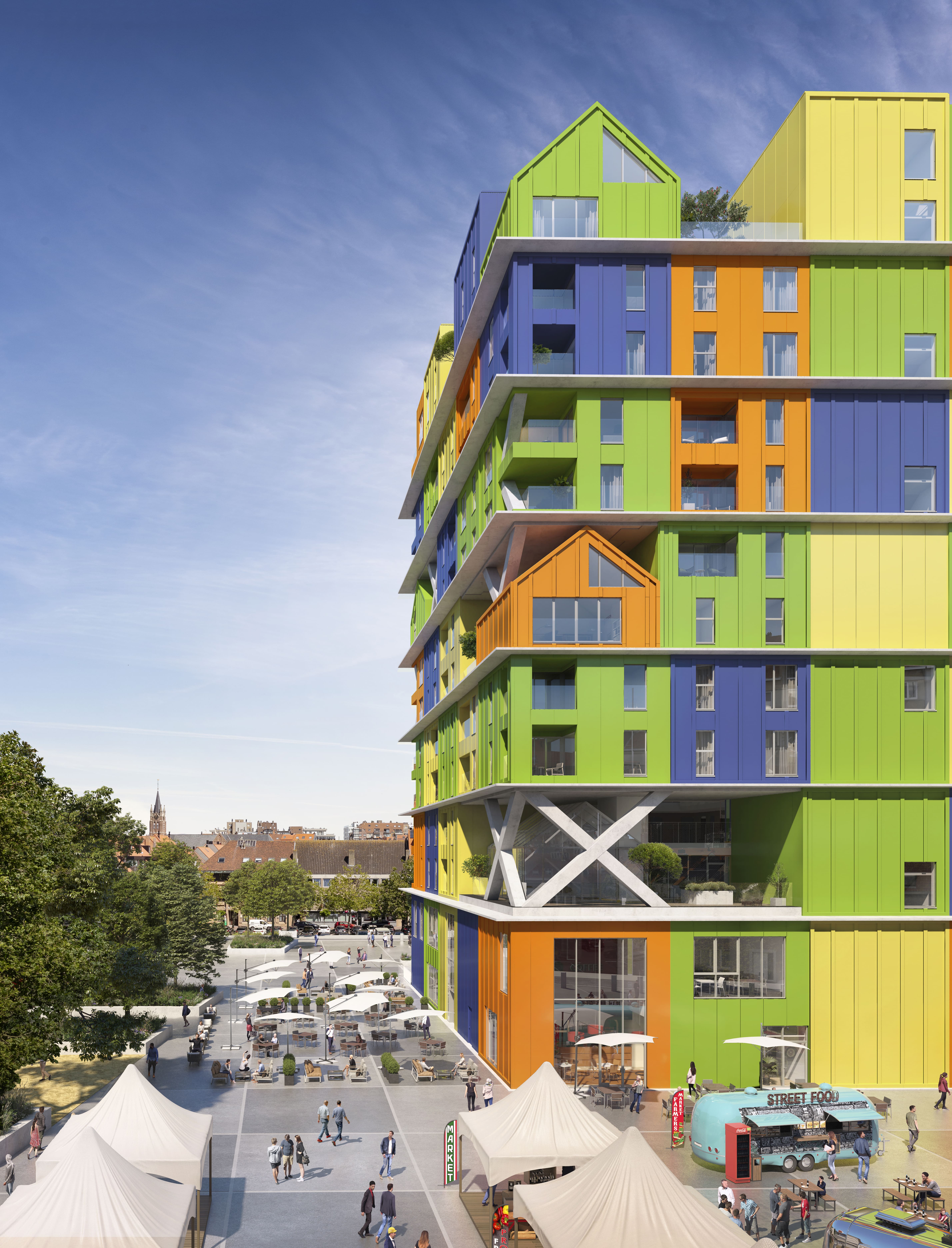 Render van Hoost met levendig plein in Knokke-Heist