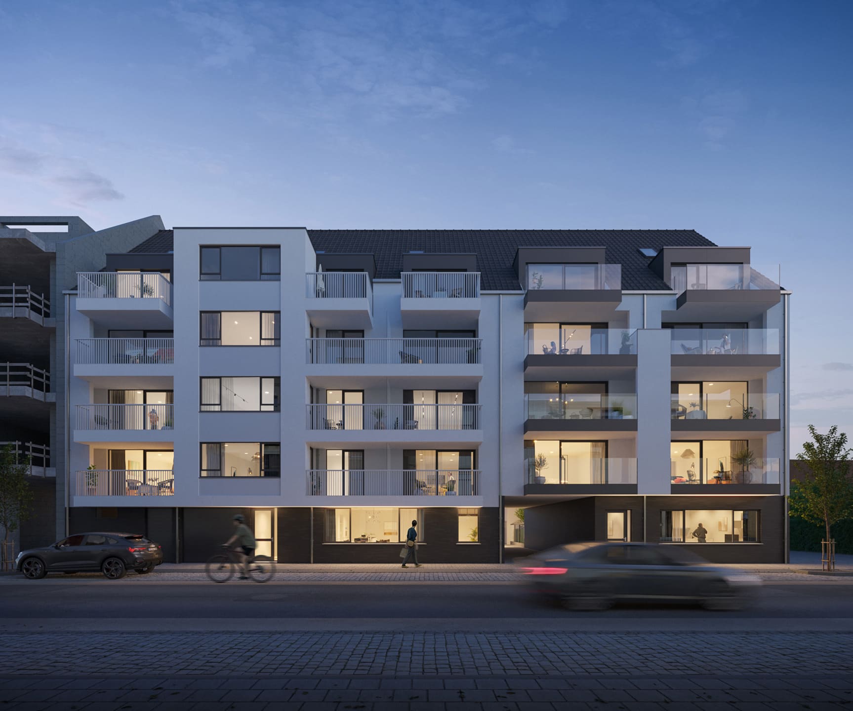 Living met terras bij zonsondergang