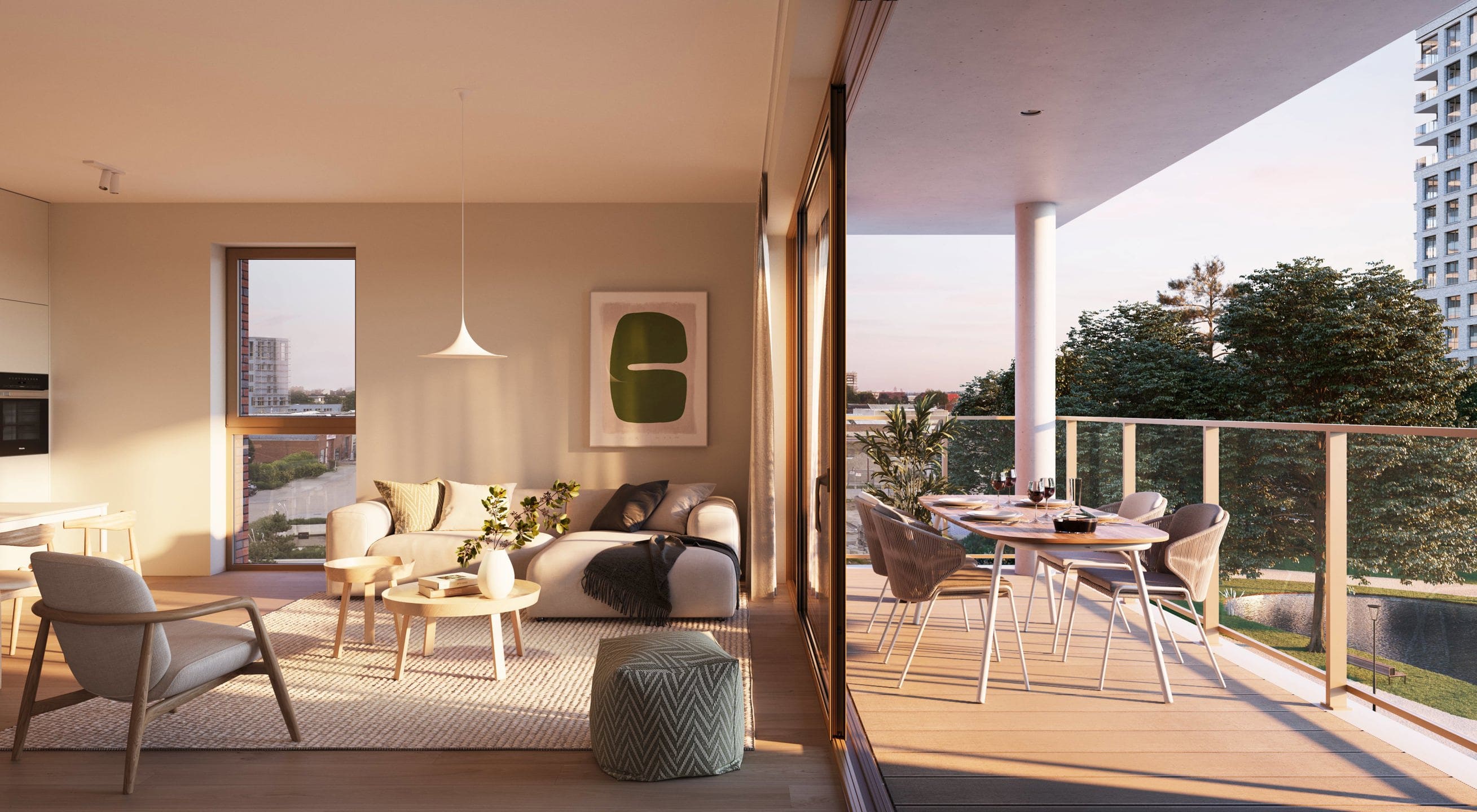Living met terras bij zonsondergang