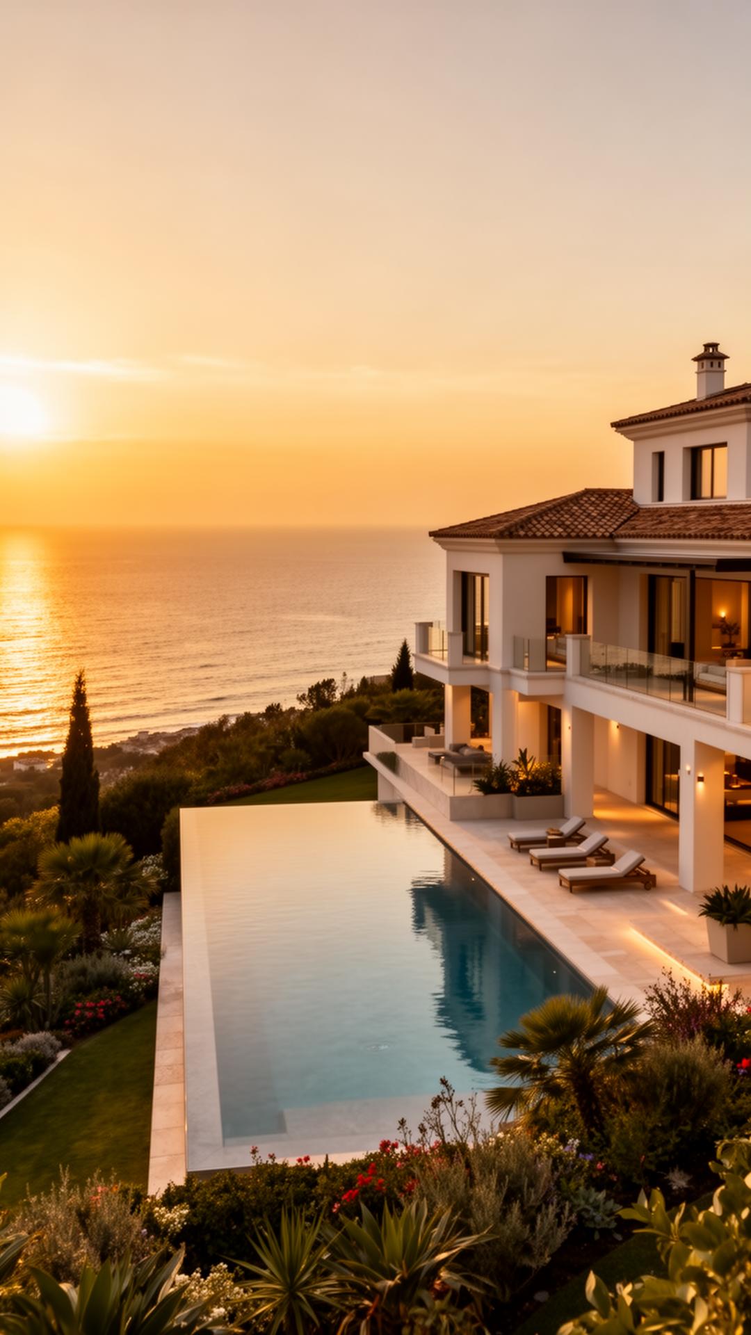 Luxury Mediterranean villa with infinity pool at sunset