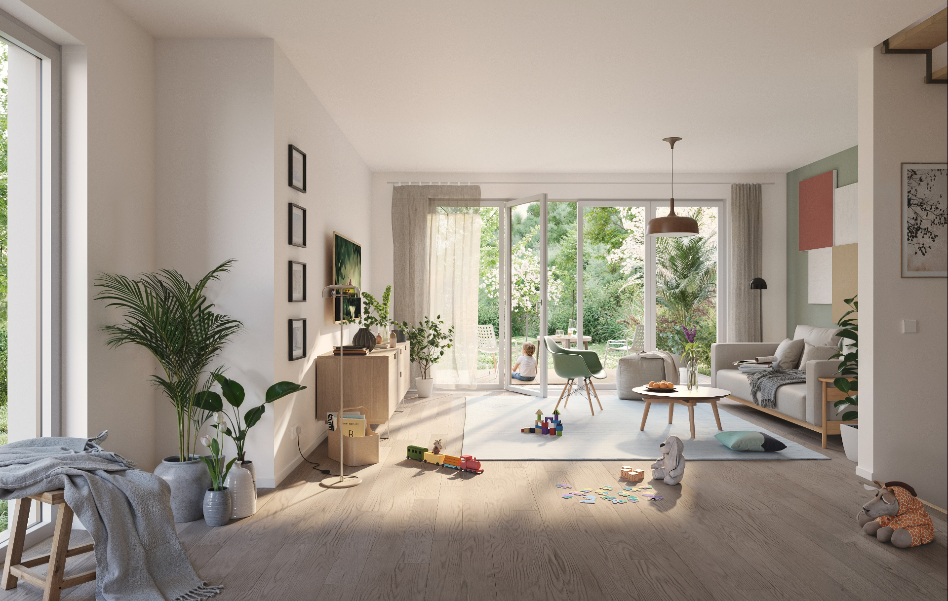 Living space with garden access and bright interior architecture