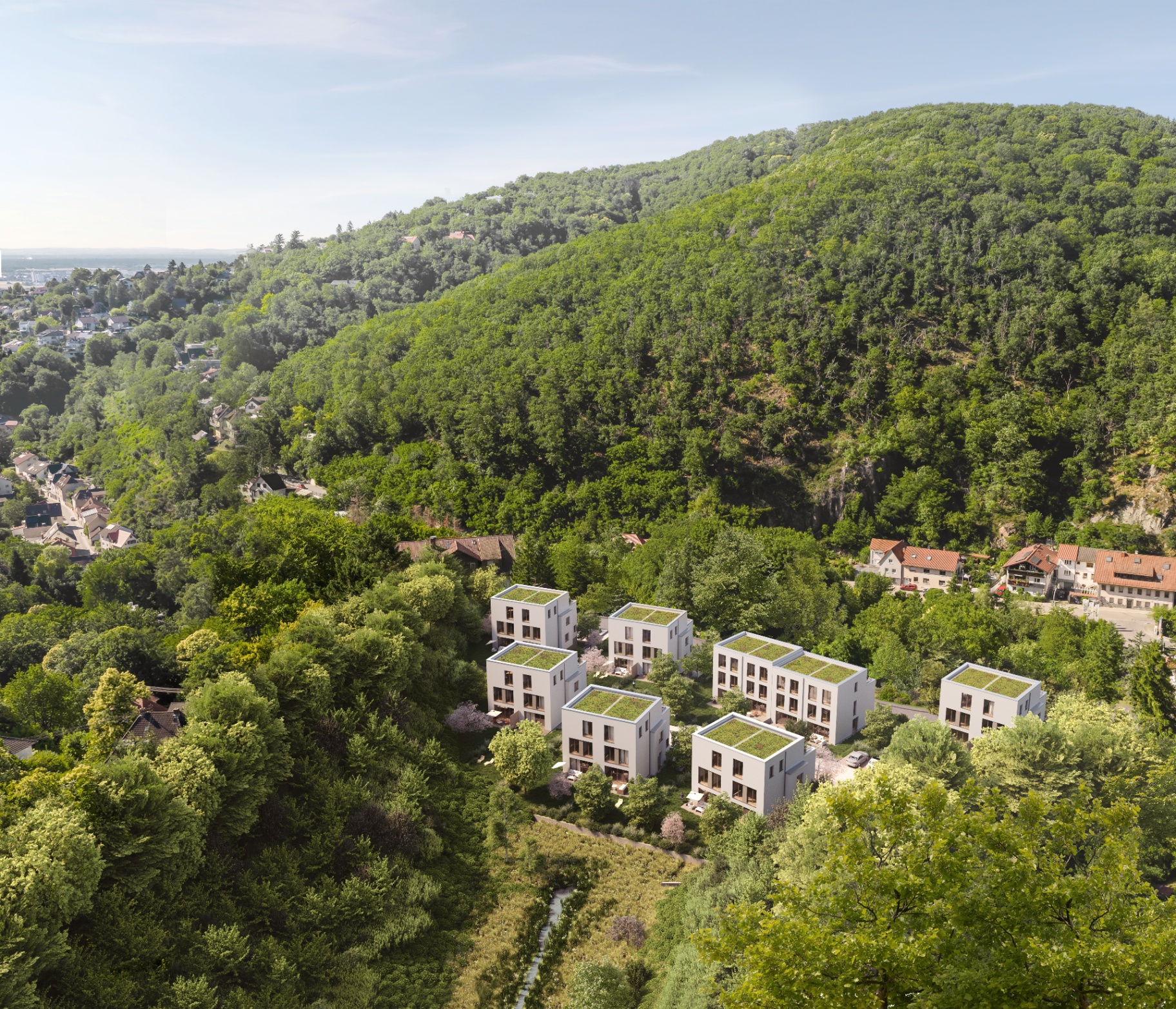 Aerial view of the Viverde Schriesheim residential project at the forest edge