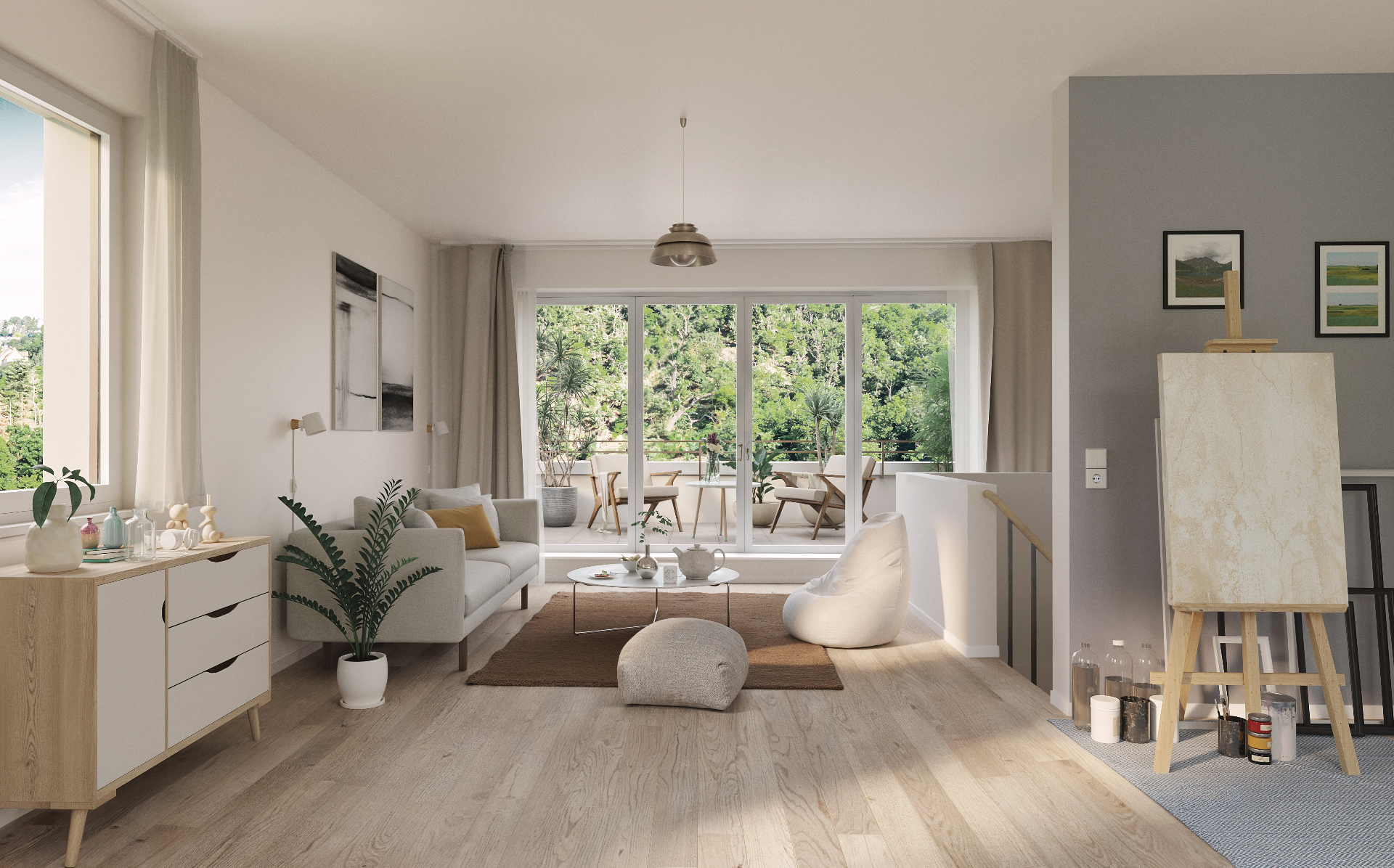 Bright living space with terrace and view onto greenery