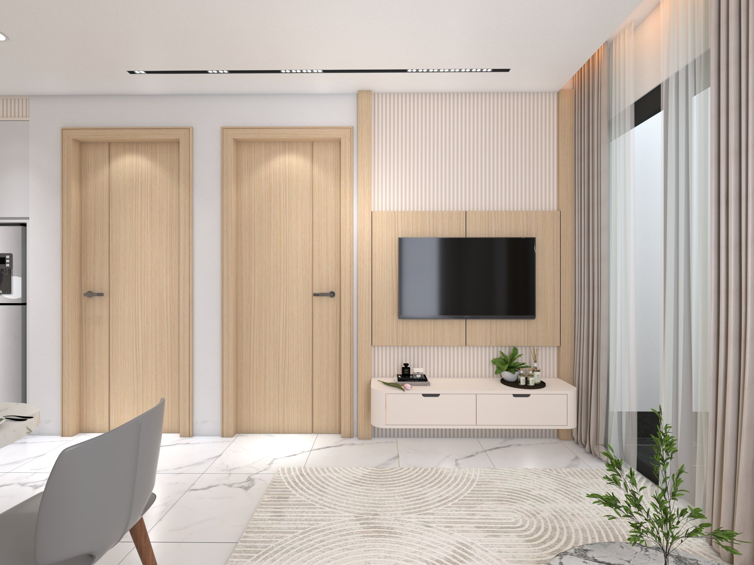 Two-bedroom residence living area with marble flooring