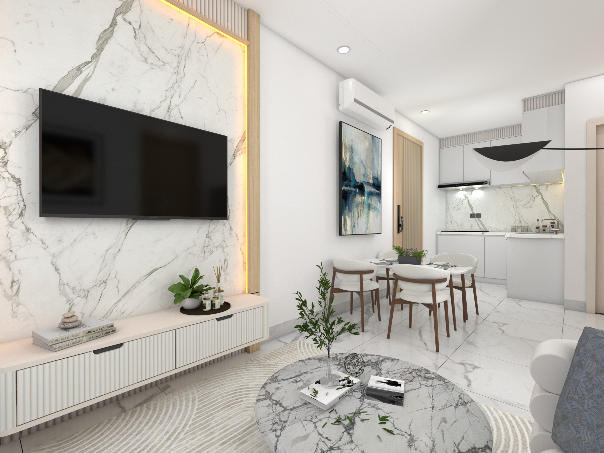 Open plan living, dining and kitchen with marble TV wall