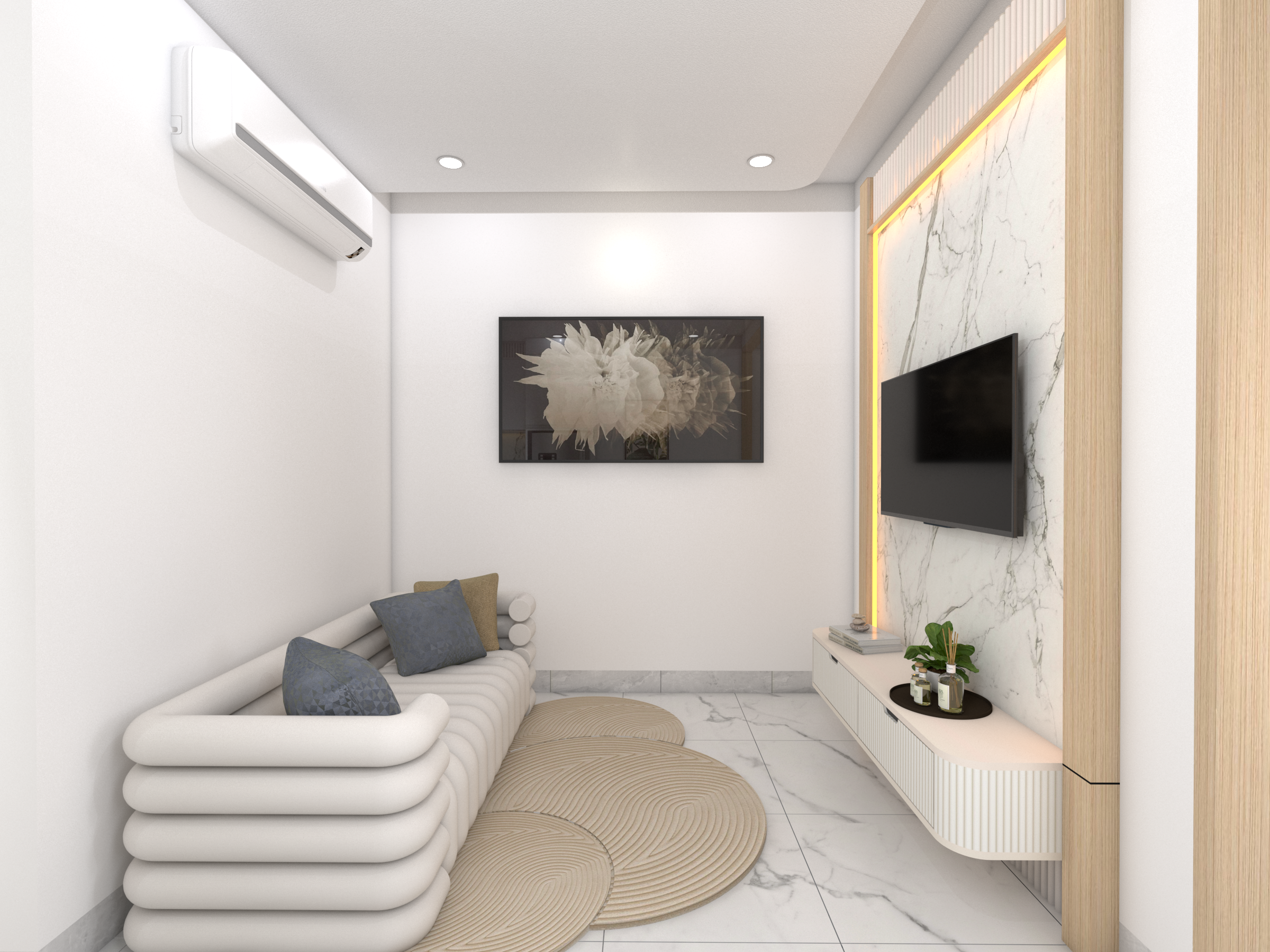 Compact lounge with curved sofa and marble TV feature wall