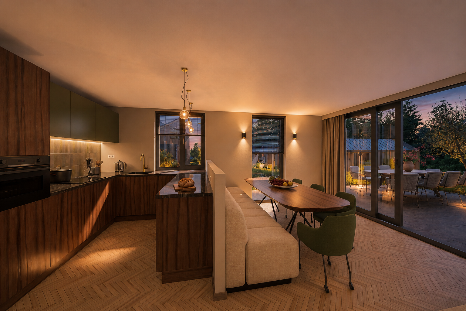 Designkeuken met eethoek en terrasdeuren