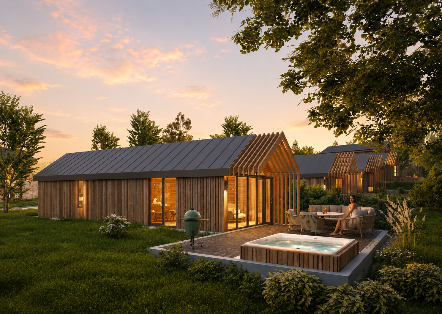Designvilla bij zonsondergang met buitenbubbelbad