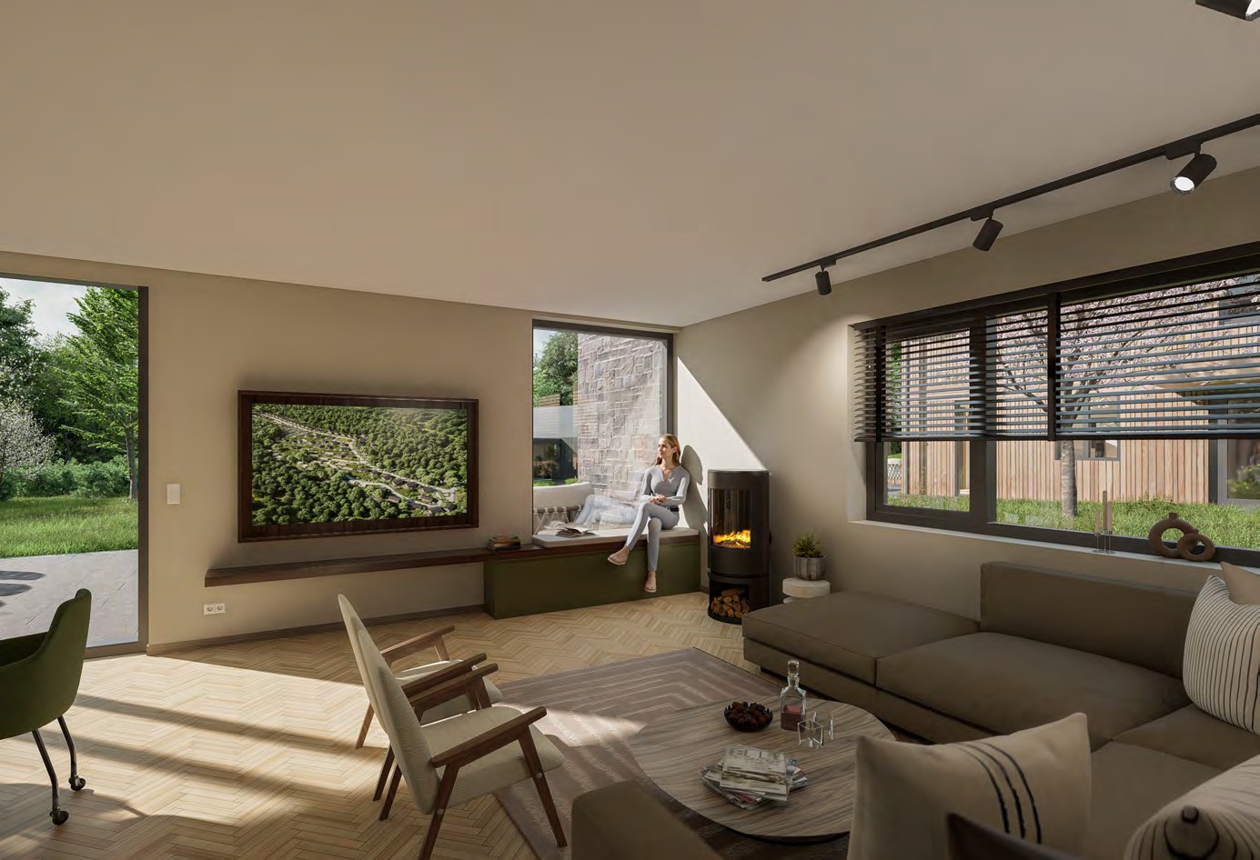 Modern interieur met houtkachel