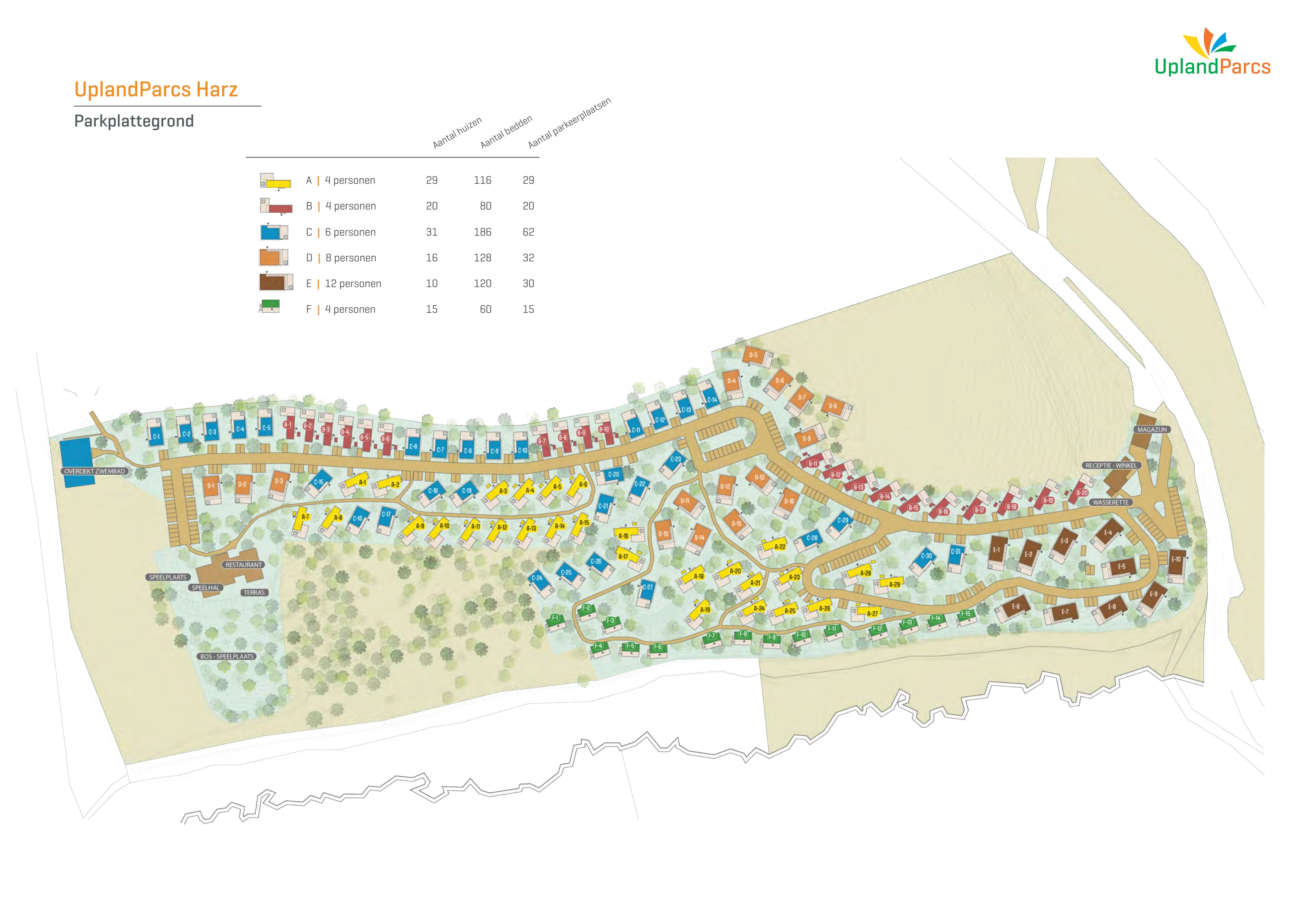 Plattegrond van UplandParcs Harz met alle woningtypes en voorzieningen