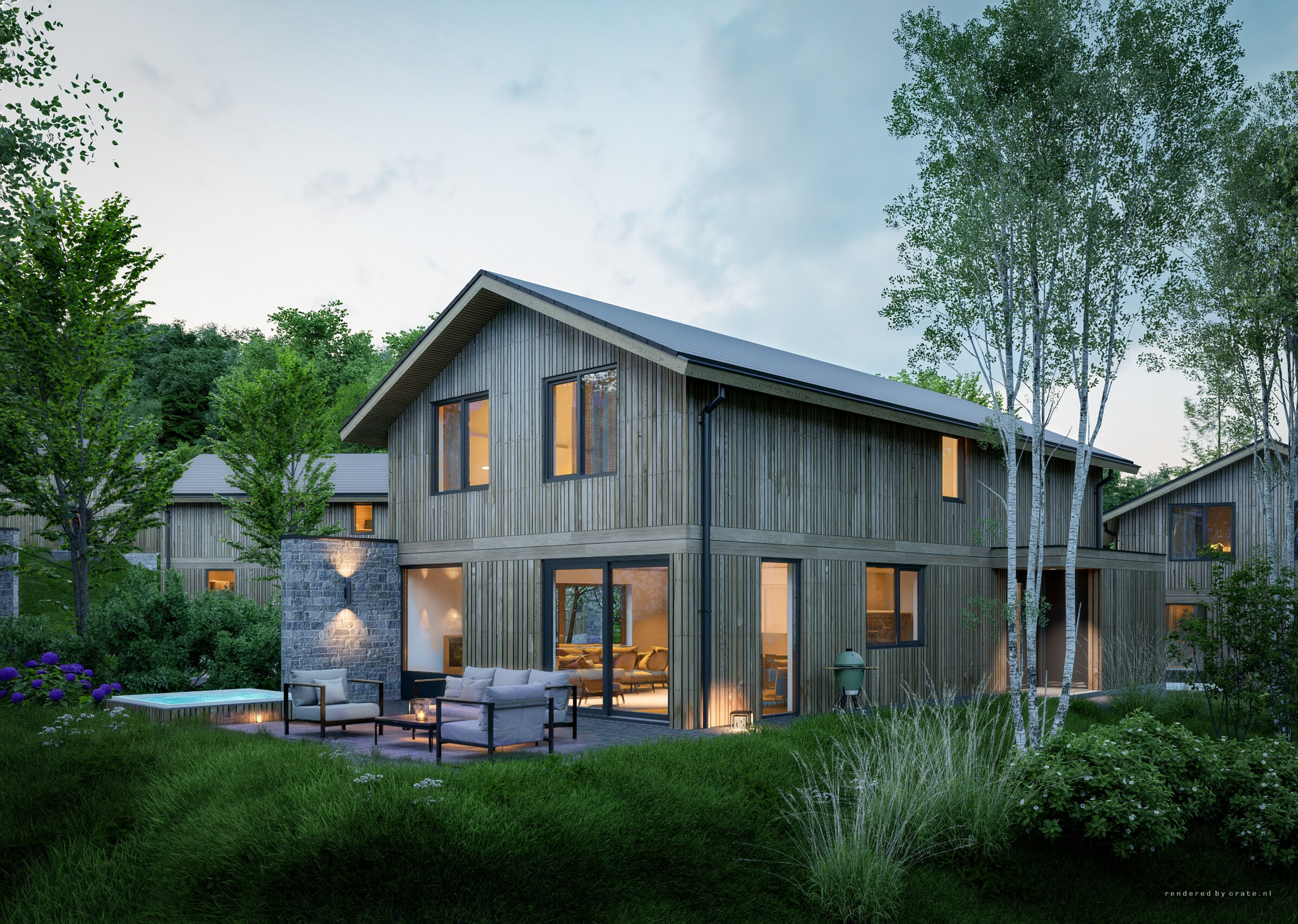 Designvilla bij zonsondergang met buitenbubbelbad