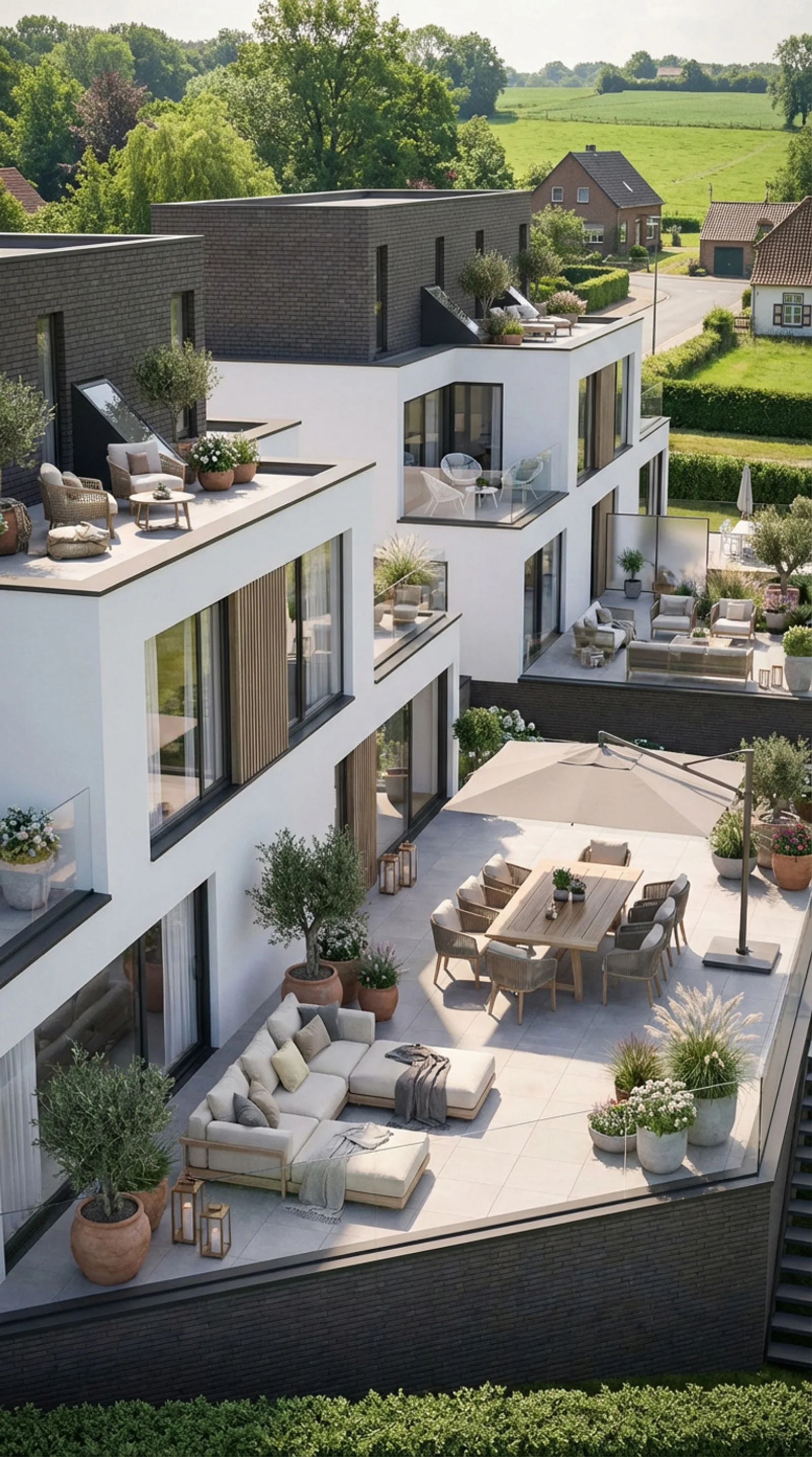 Luchtbeeld terrassen en gevels Residentie Taelemans