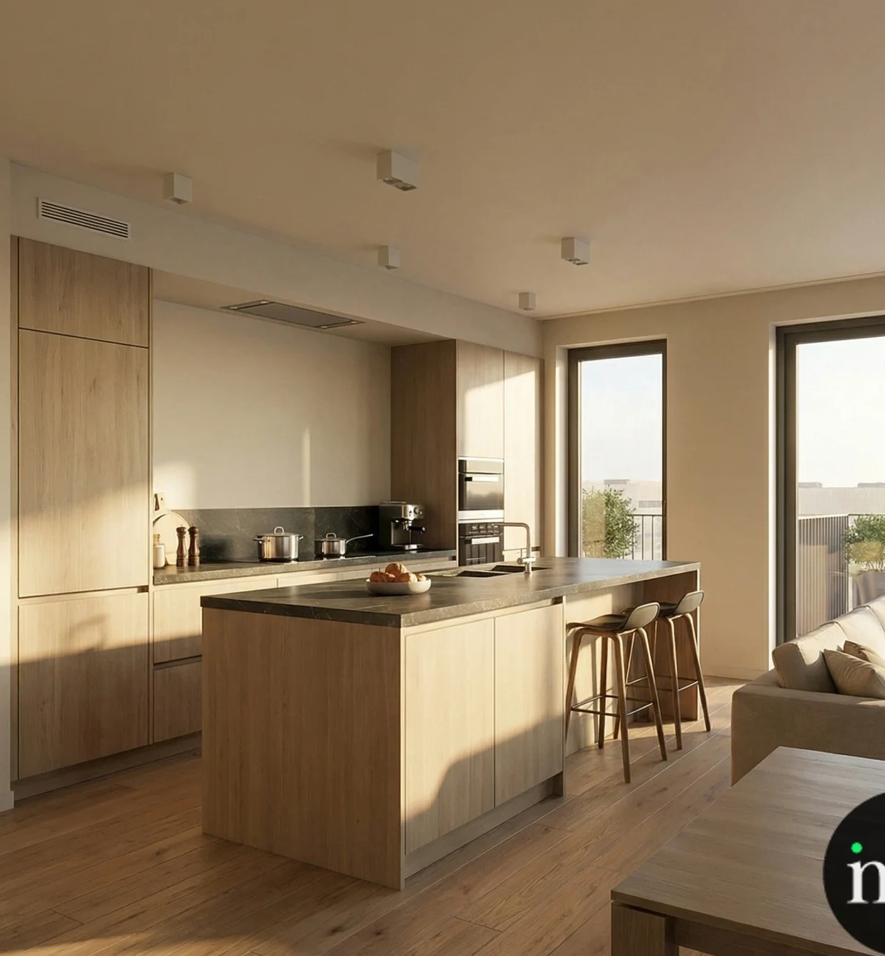 Open keuken met houten afwerking