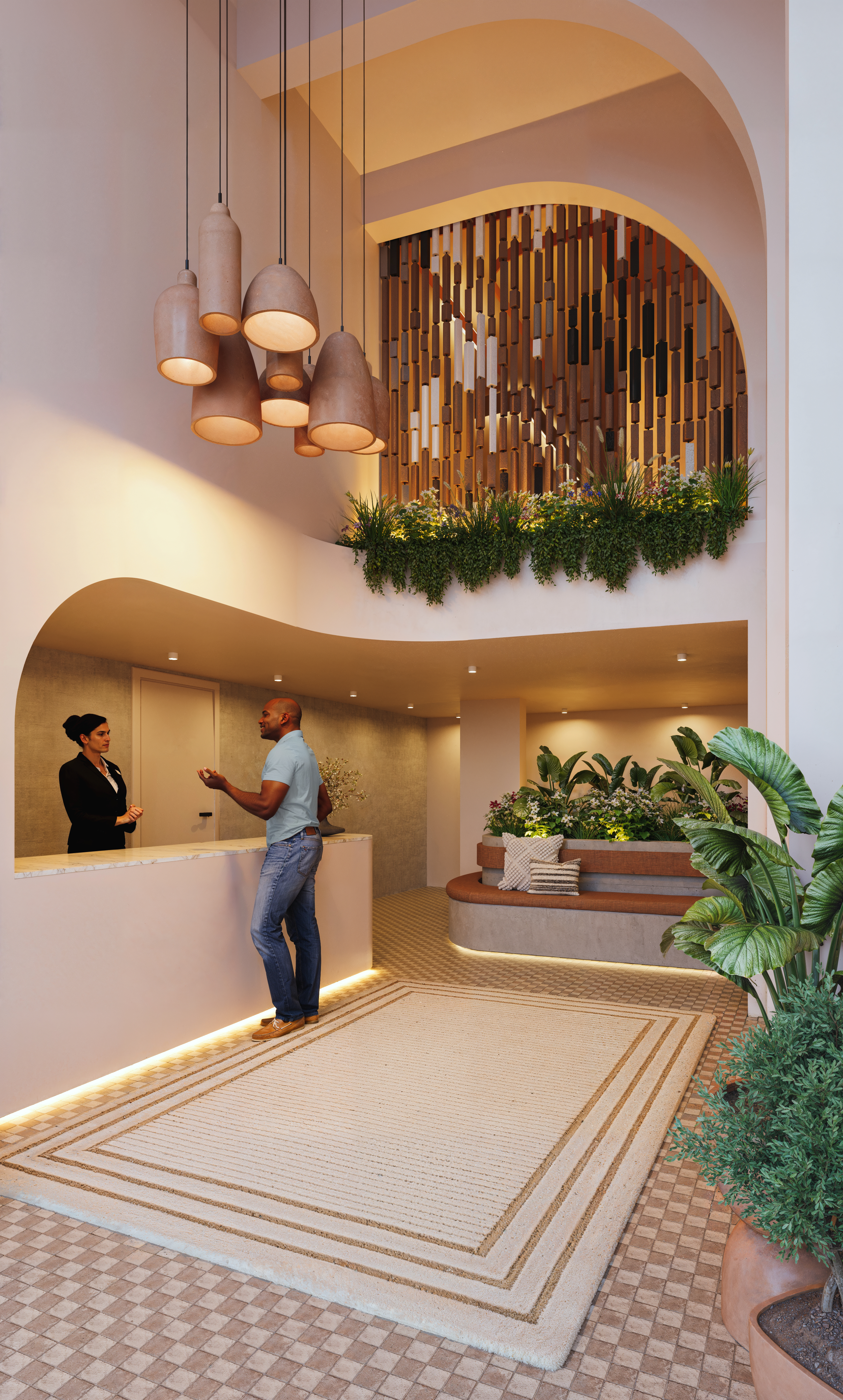 Lobby met warme materialen