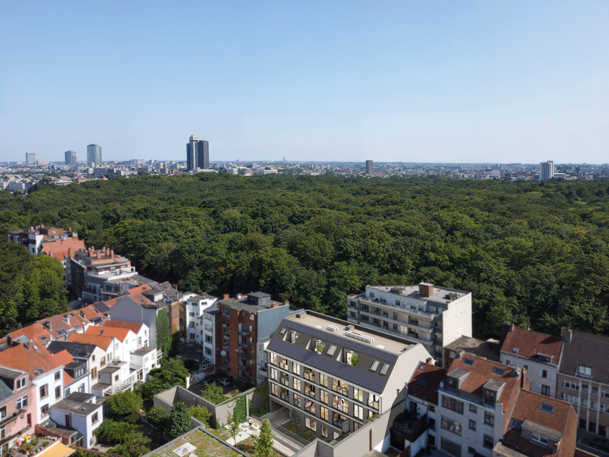 Vue a&eacute;rienne d'Austin avec la For&ecirc;t de Soignes en arri&egrave;re-plan