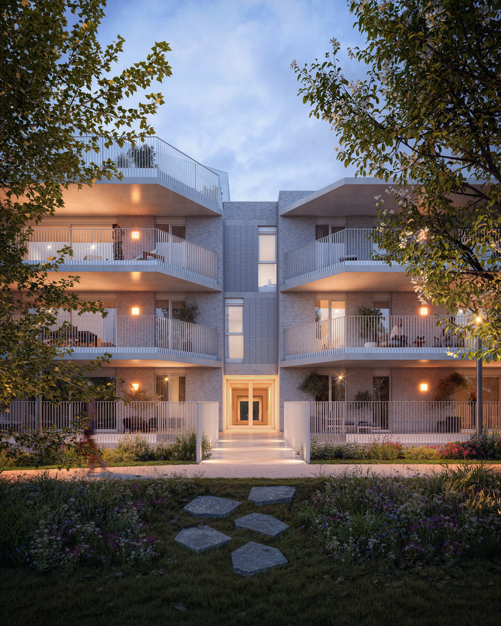 Ingang appartementsgebouw Kuringen Park bij schemering