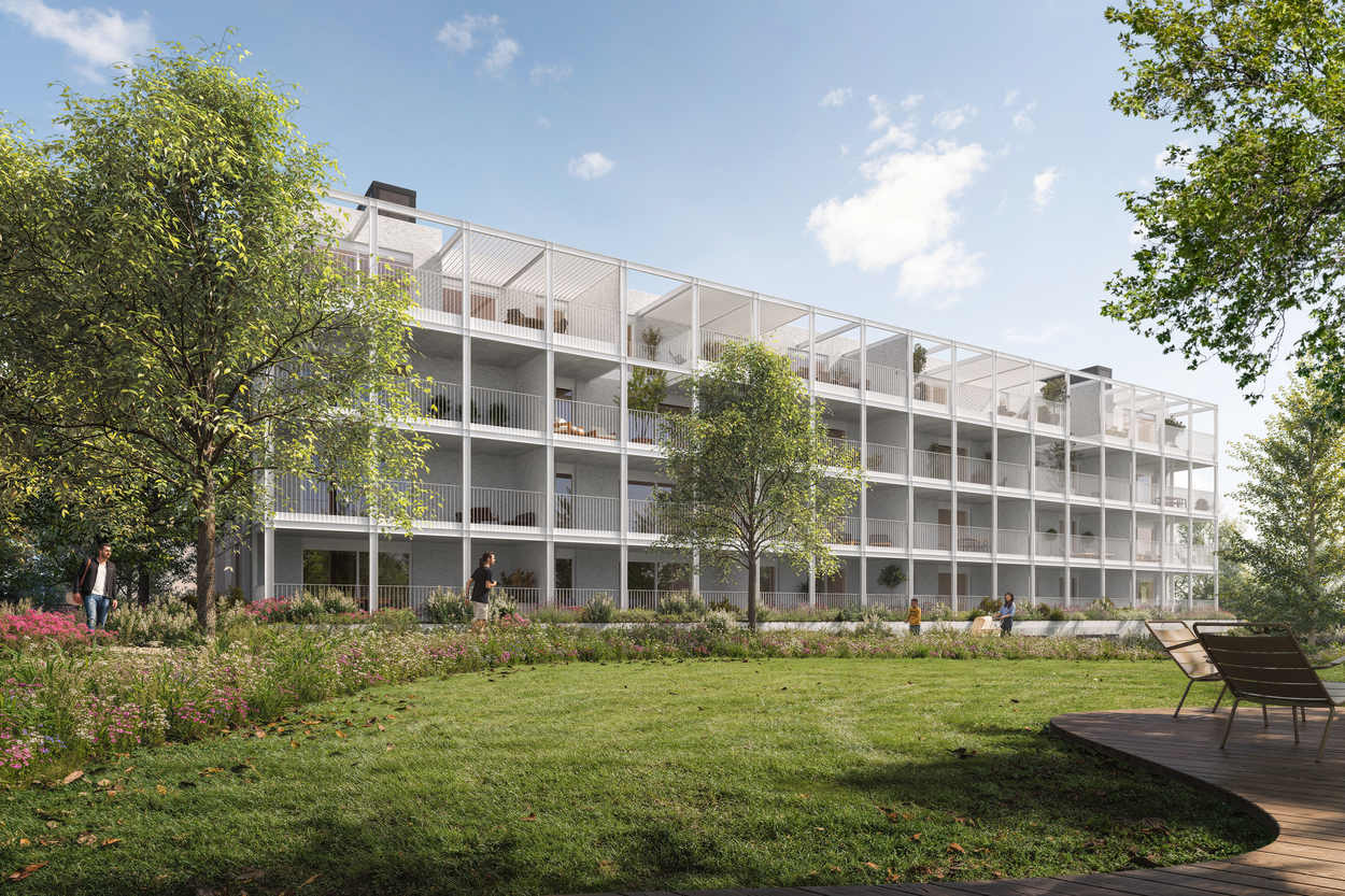 Gevel Kuringen Park met gemeenschappelijke tuin en speelruimte