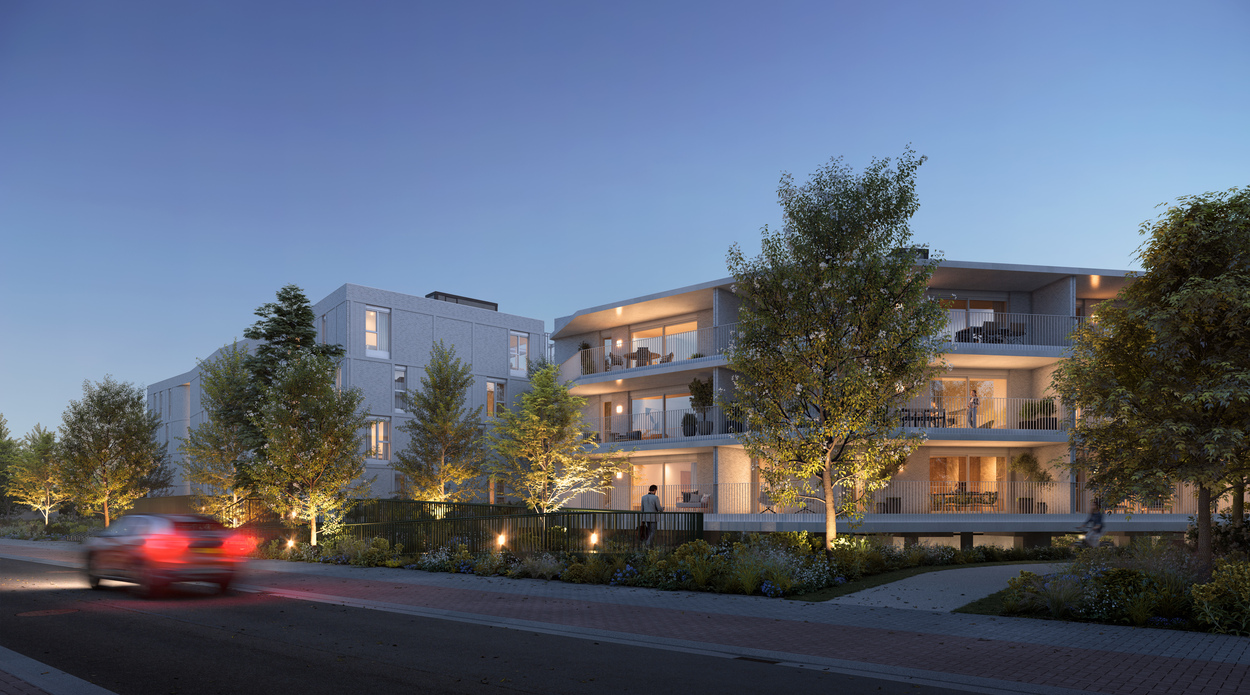 Kuringen Park appartementen bij avondlicht met verlichte terrassen