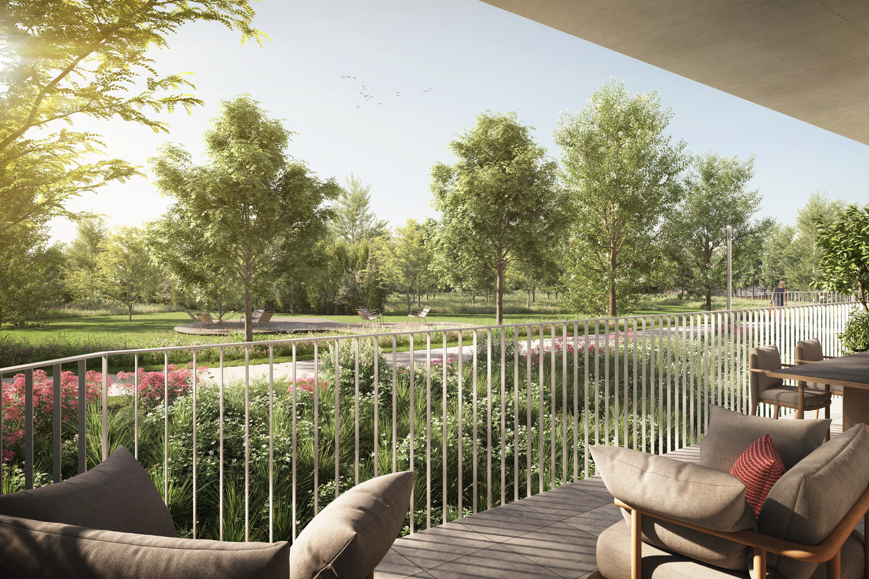 Uitzicht vanaf terras Kuringen Park op parklandschap en groen