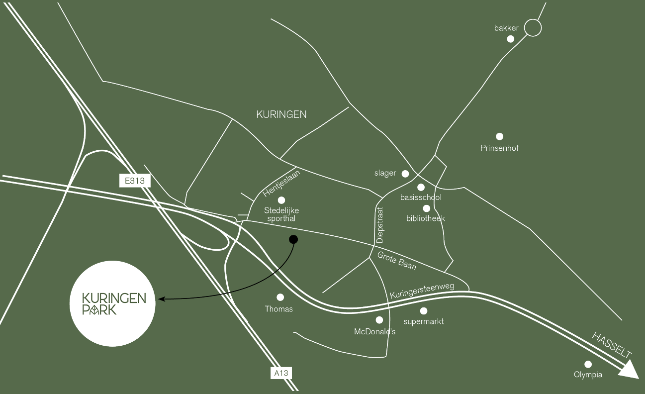 Kaart van Kuringen Park met omliggende voorzieningen nabij Hasselt