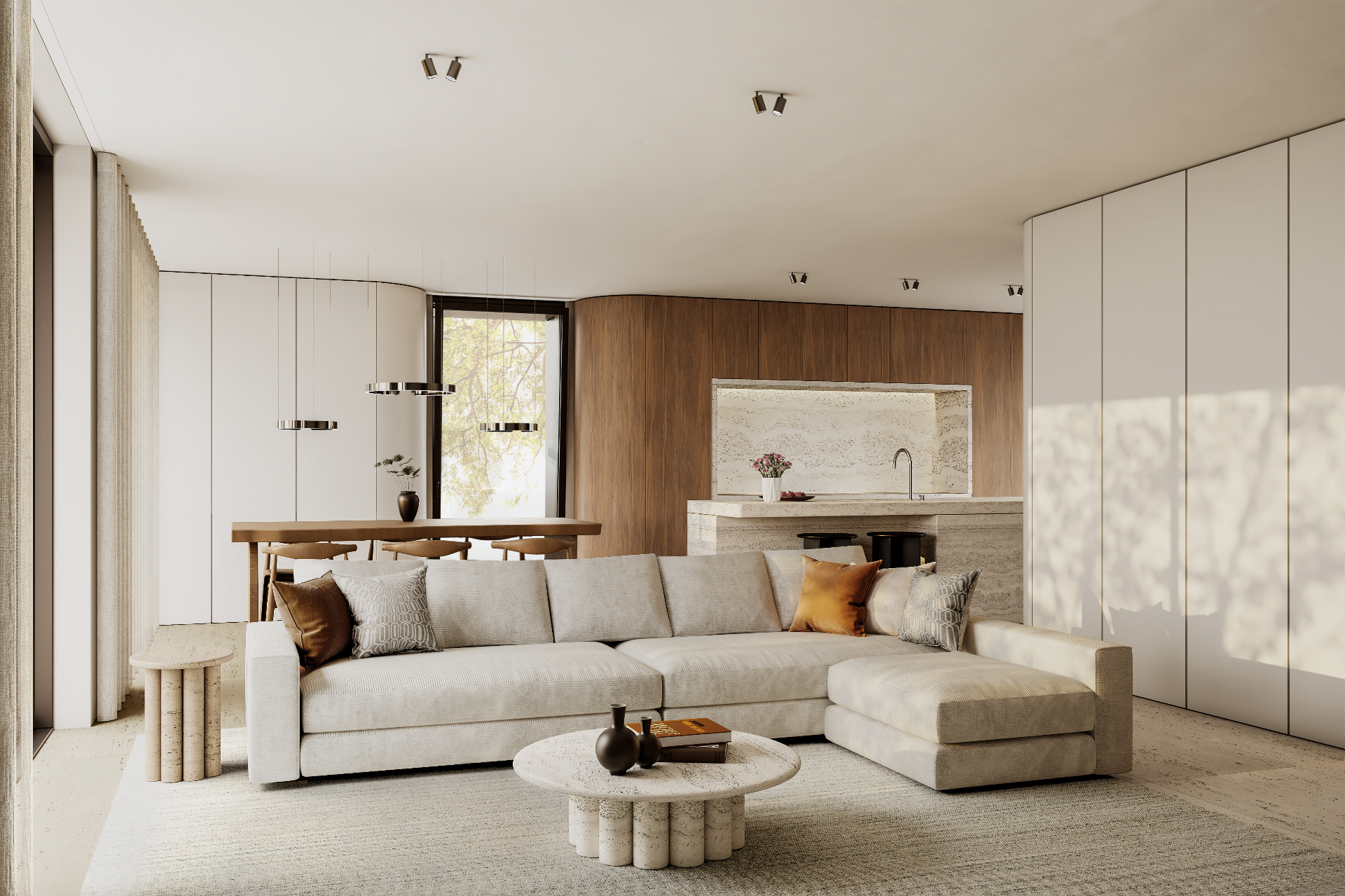 Interieur leefruimte met open keuken