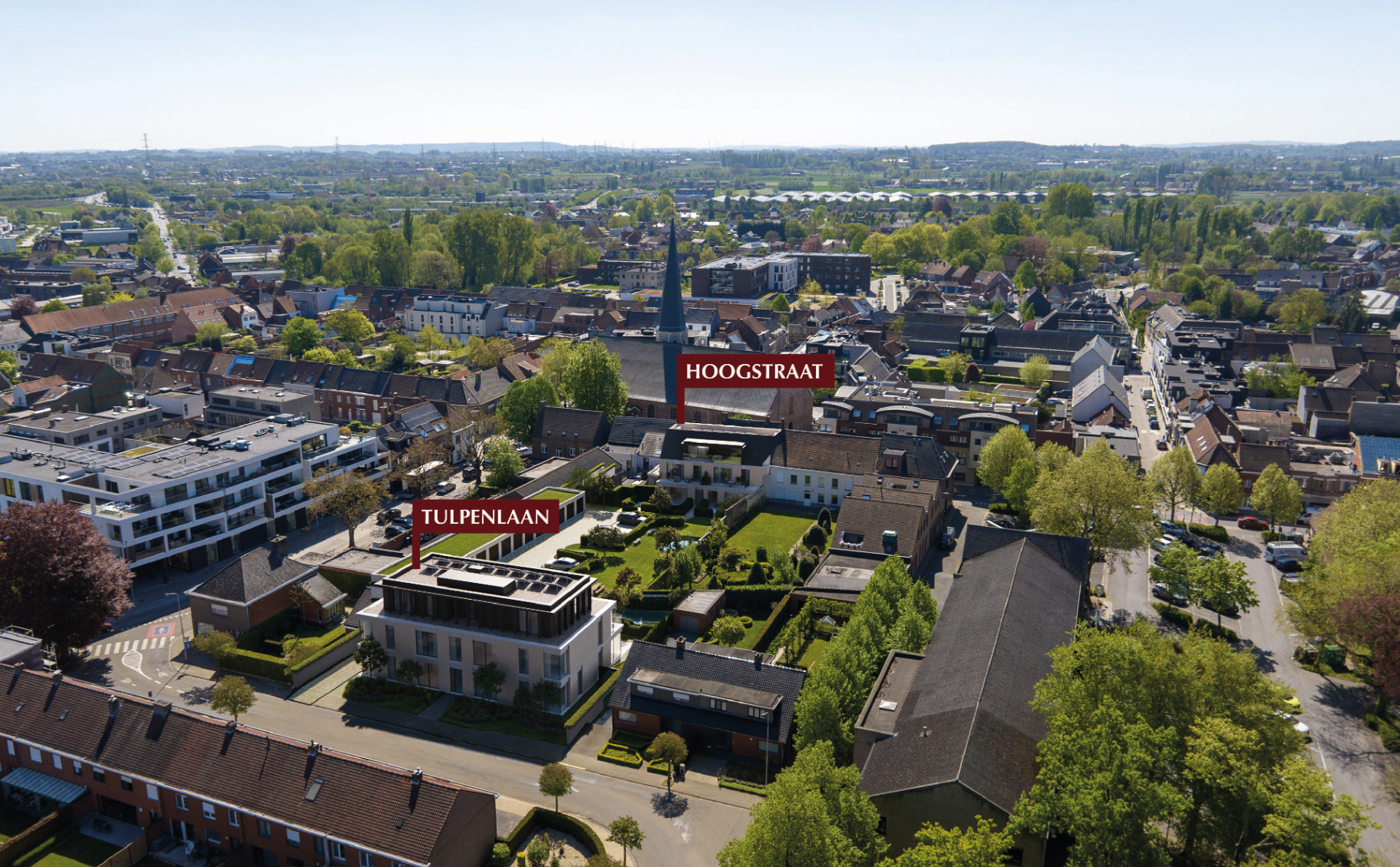 Luchtfoto Deerlijk met aanduiding Hoogstraat en Tulpenlaan