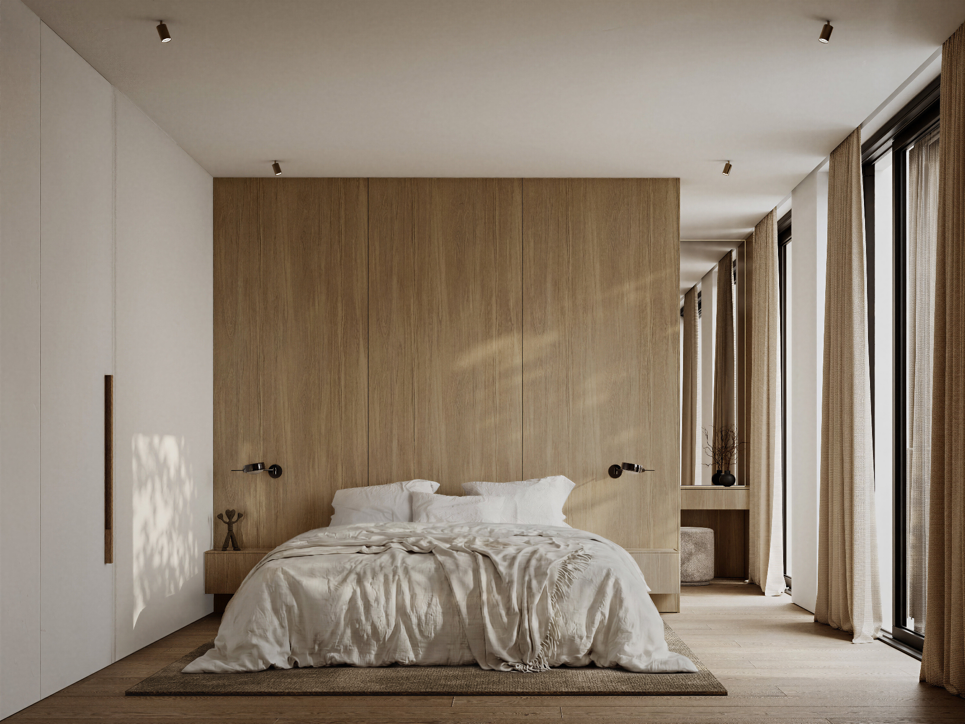 Slaapkamer met houten wand
