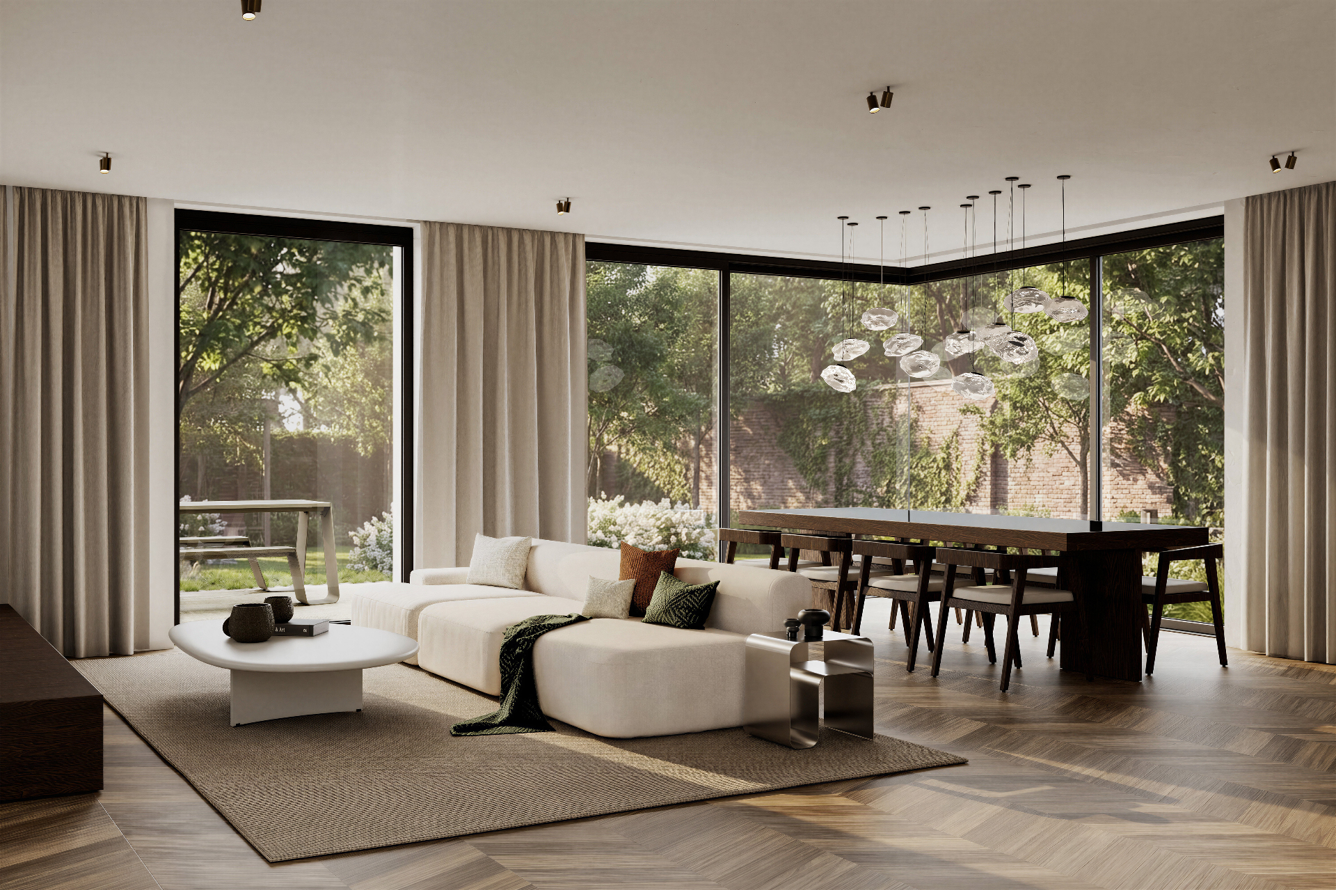 Interieur leefruimte met zicht op de tuin