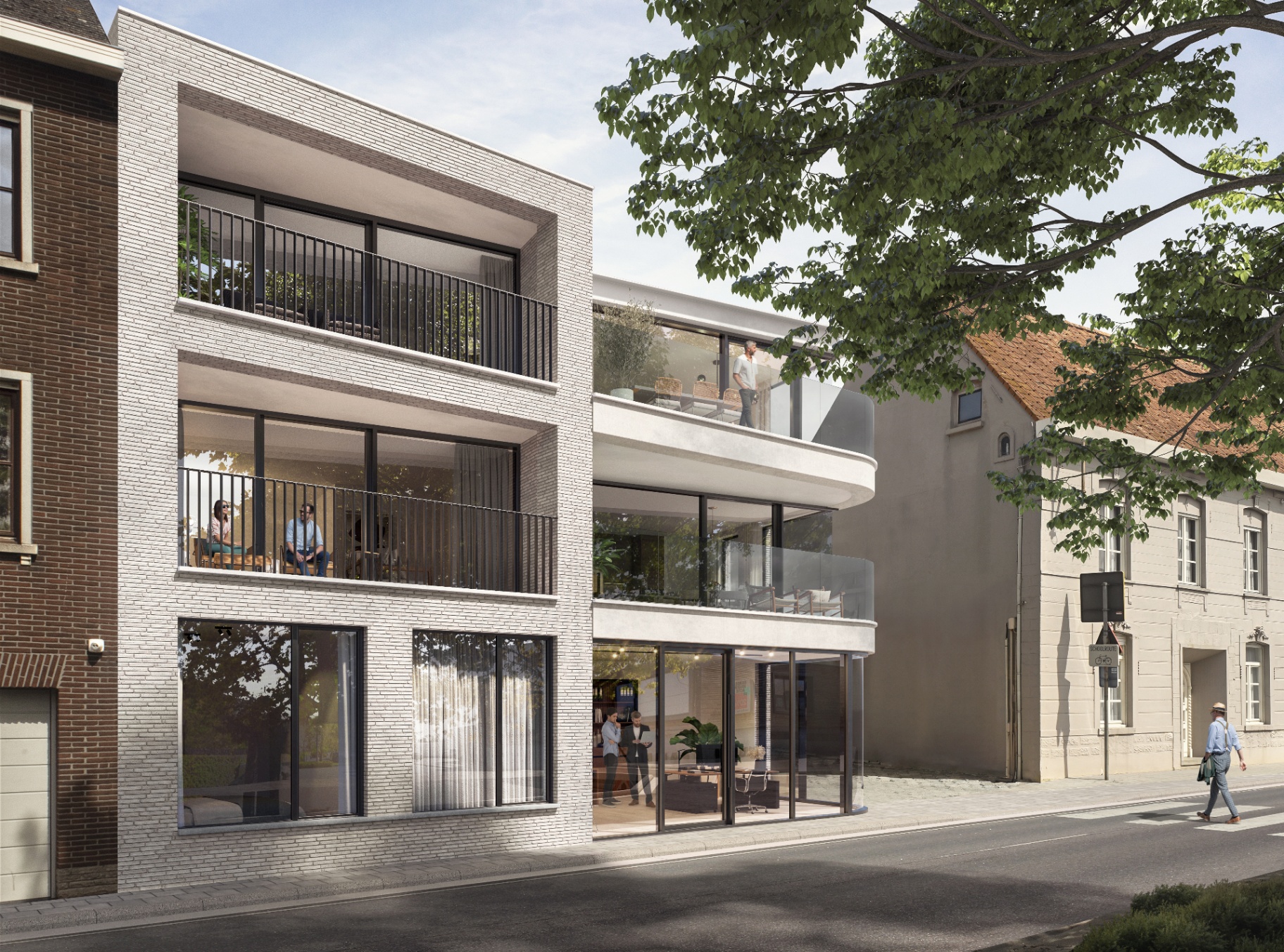 Straatzicht op De Mote met handelsruimte en balkons
