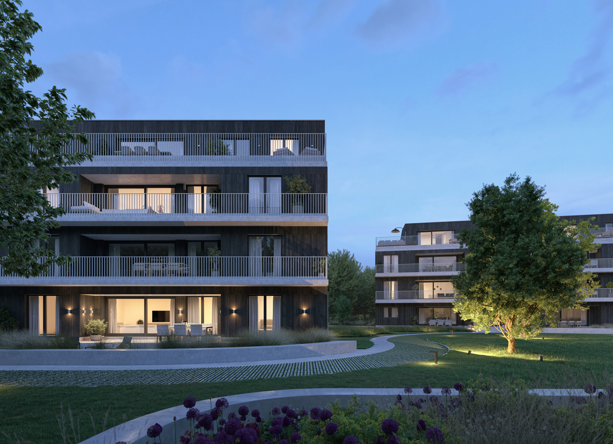 Appartementsgebouw van Oak Park in het groen