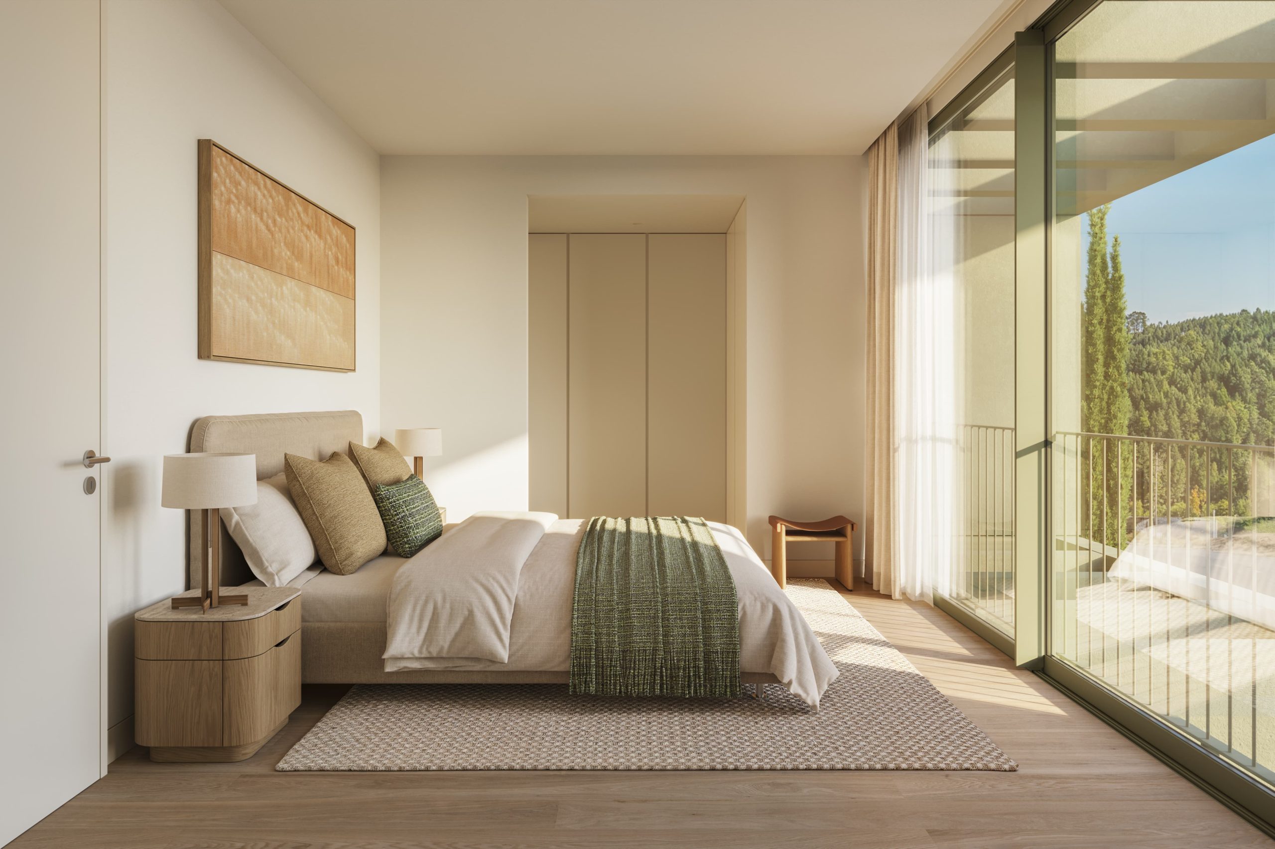 Master suite met groot raam op de tuin