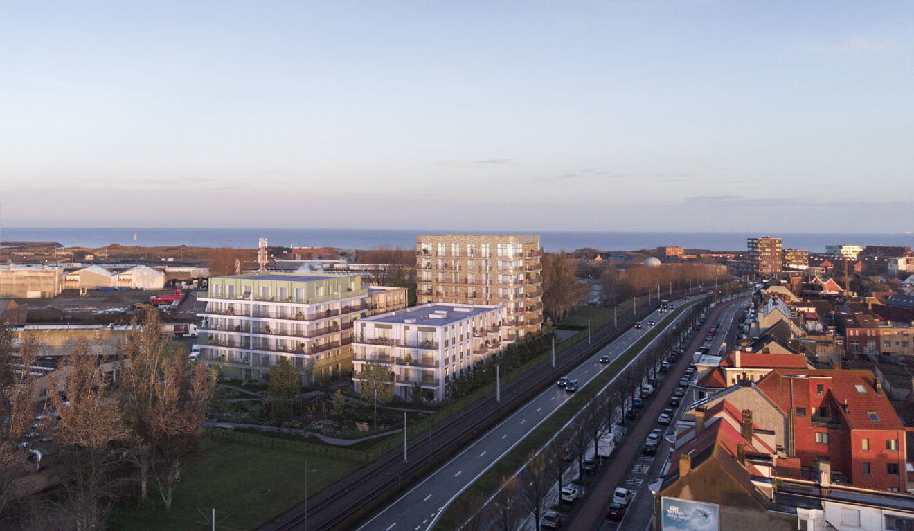 Luchtbeeld van Ankerhavn met de kustlijn van Oostende op de achtergrond