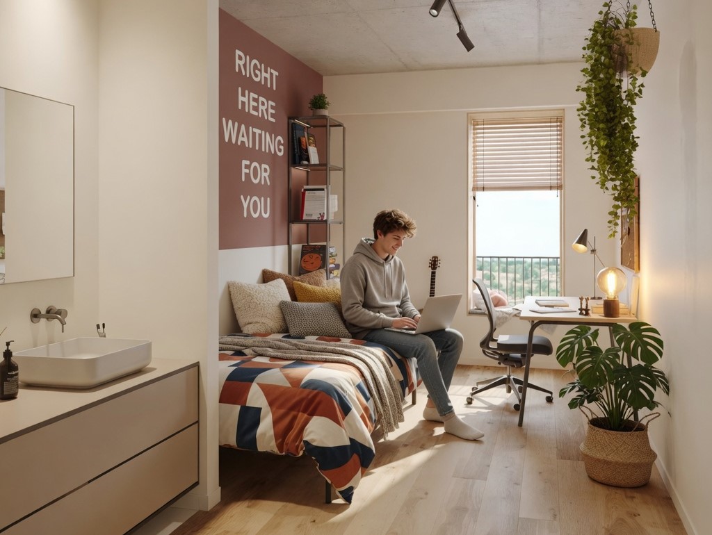 Kotter Medium kamer met bed, bureau en gedeelde leefruimte