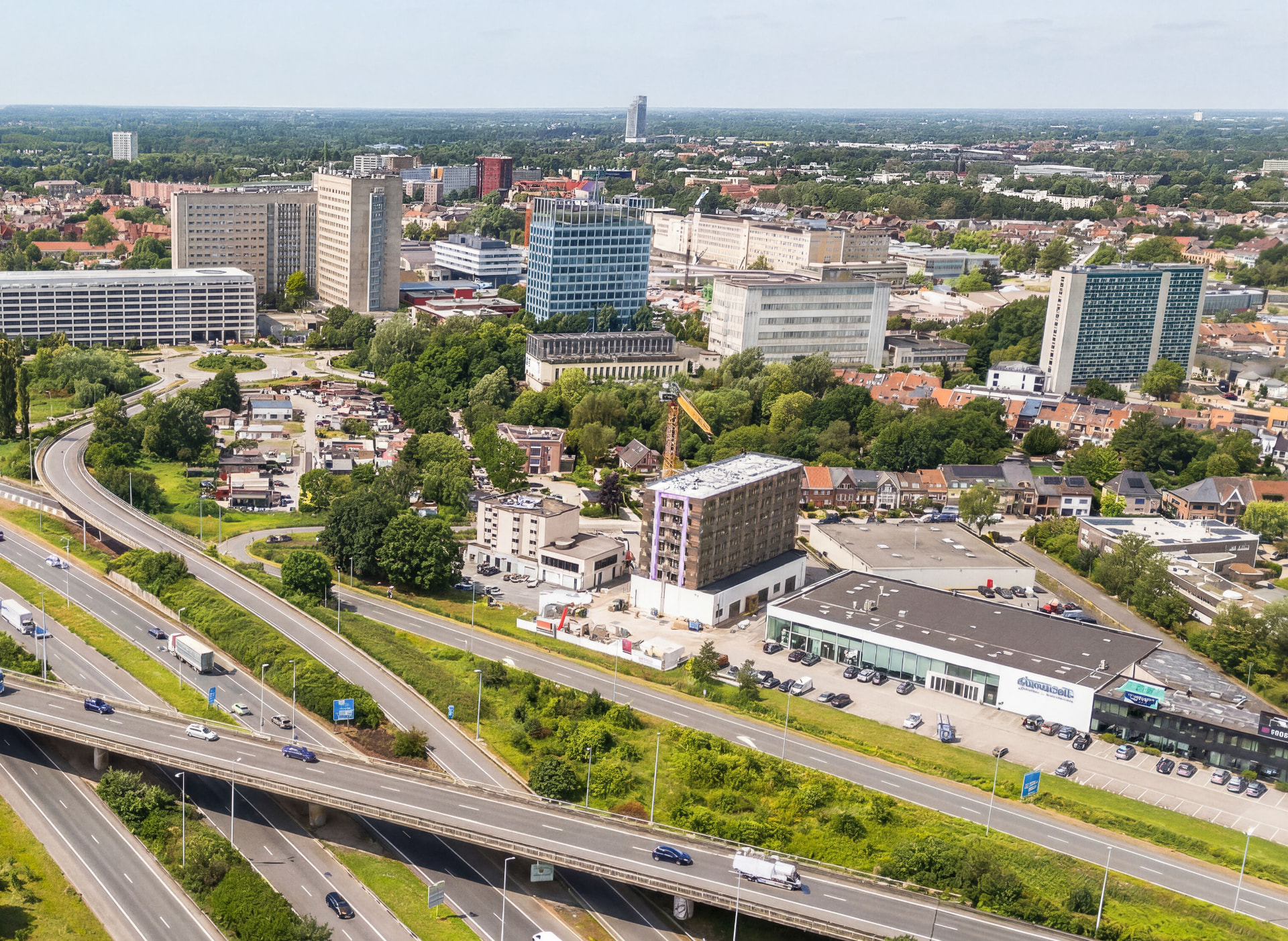 Luchtfoto van de ligging van Kotter in Gent, met UZ Gent en de E40 in beeld