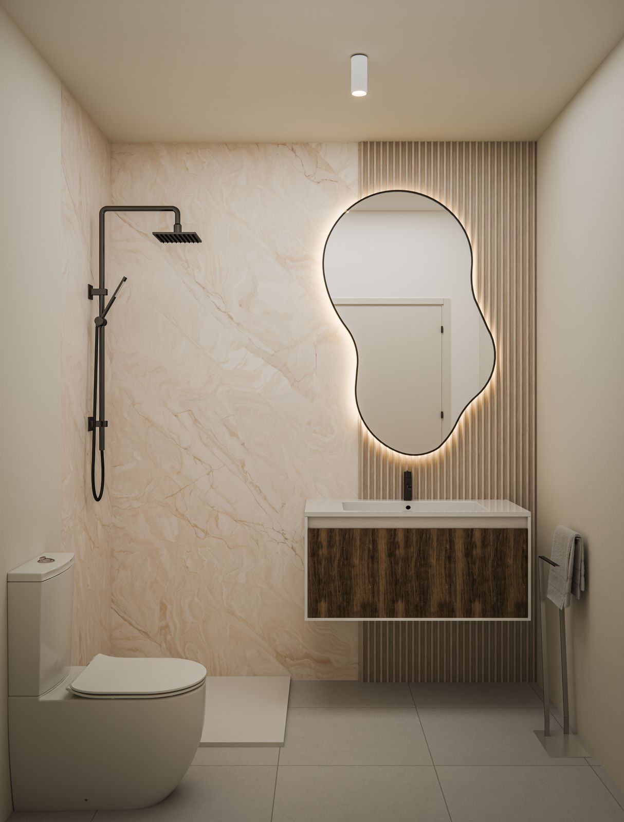Badkamer met regendouche en natuursteenlook