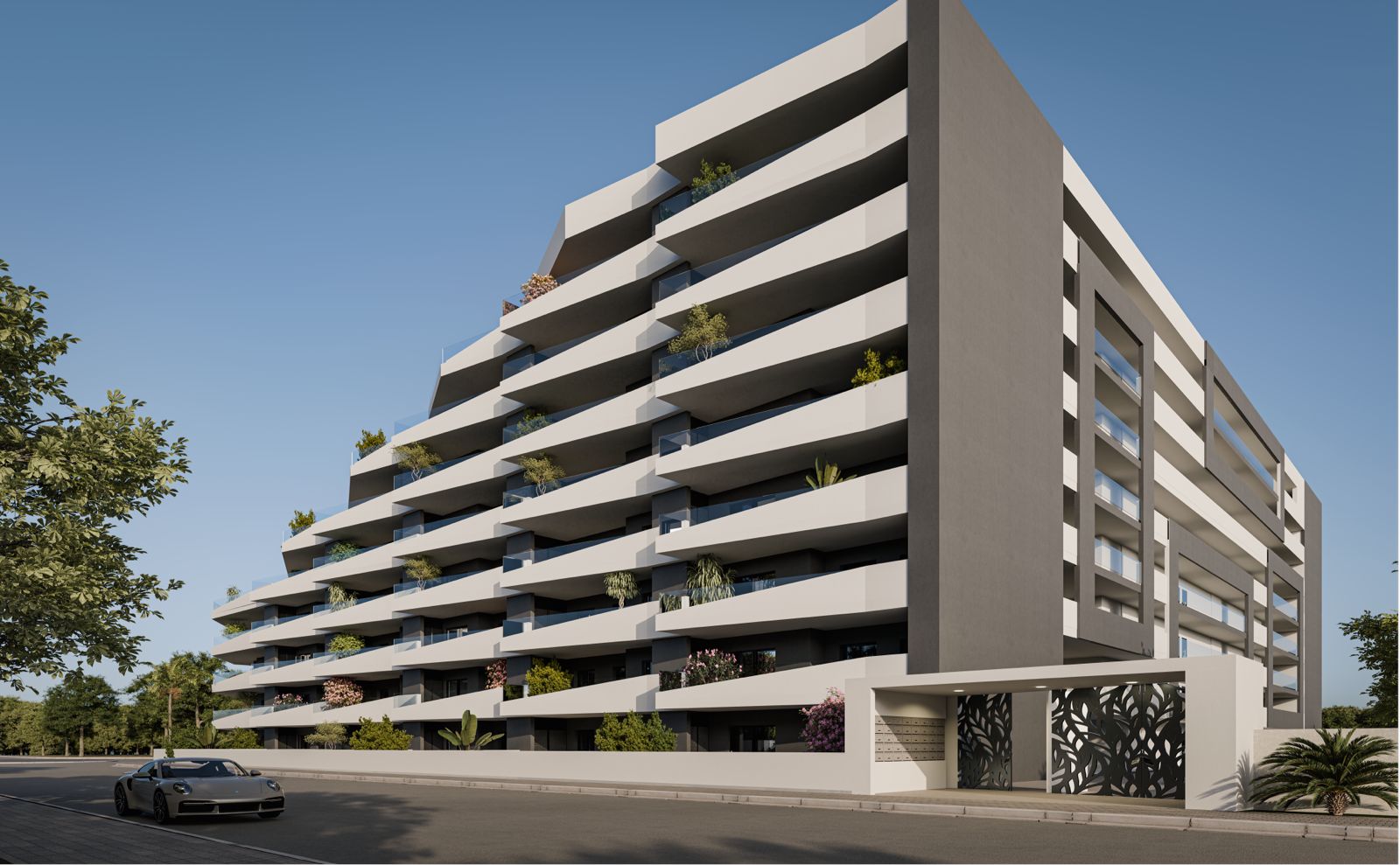Hoekzicht van het gebouw met de gemeenschappelijke entree