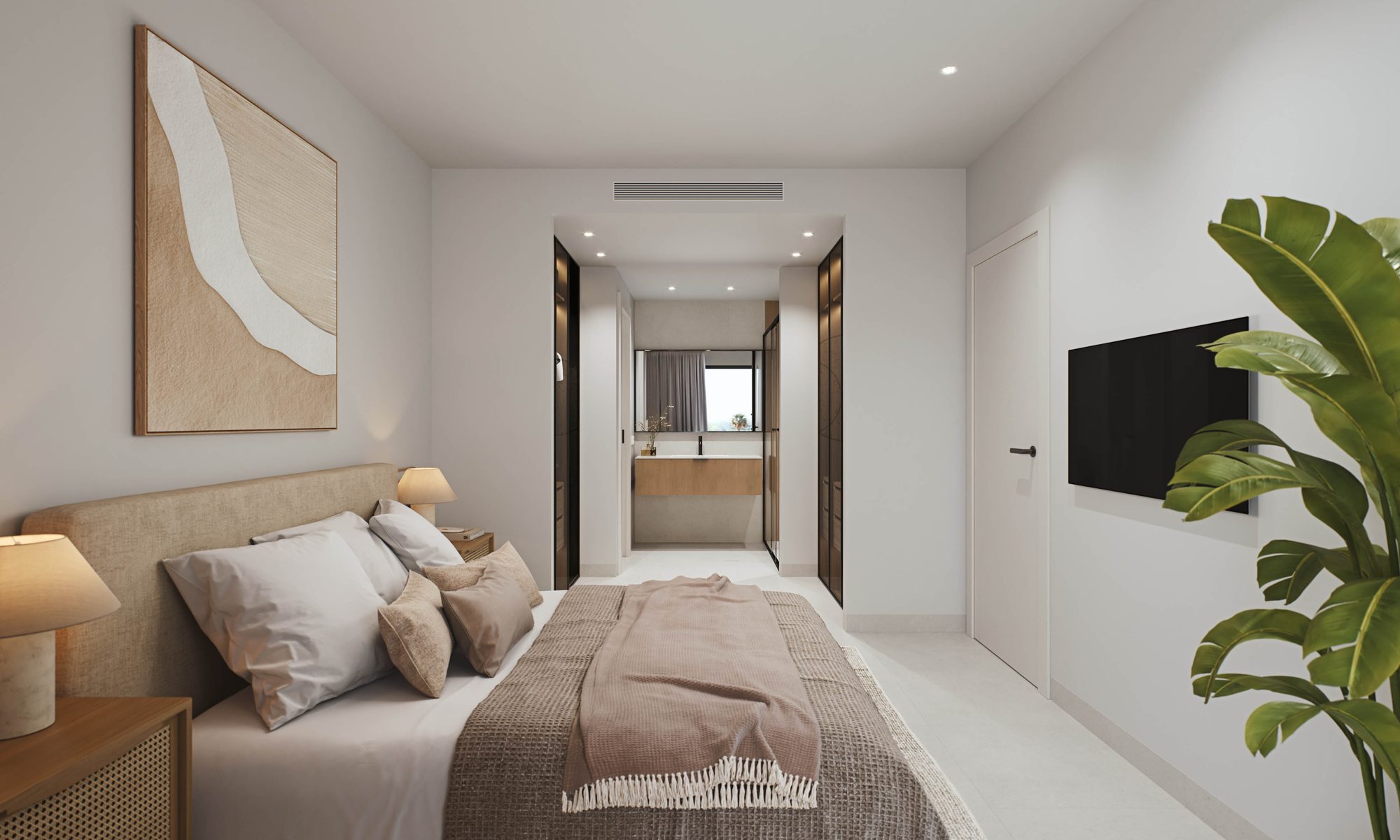 Bedroom with view of the bathroom and built-in wardrobe