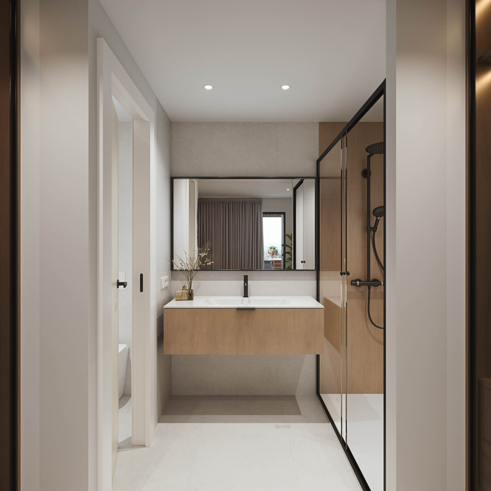 Bathroom with walk-in shower and wooden vanity unit