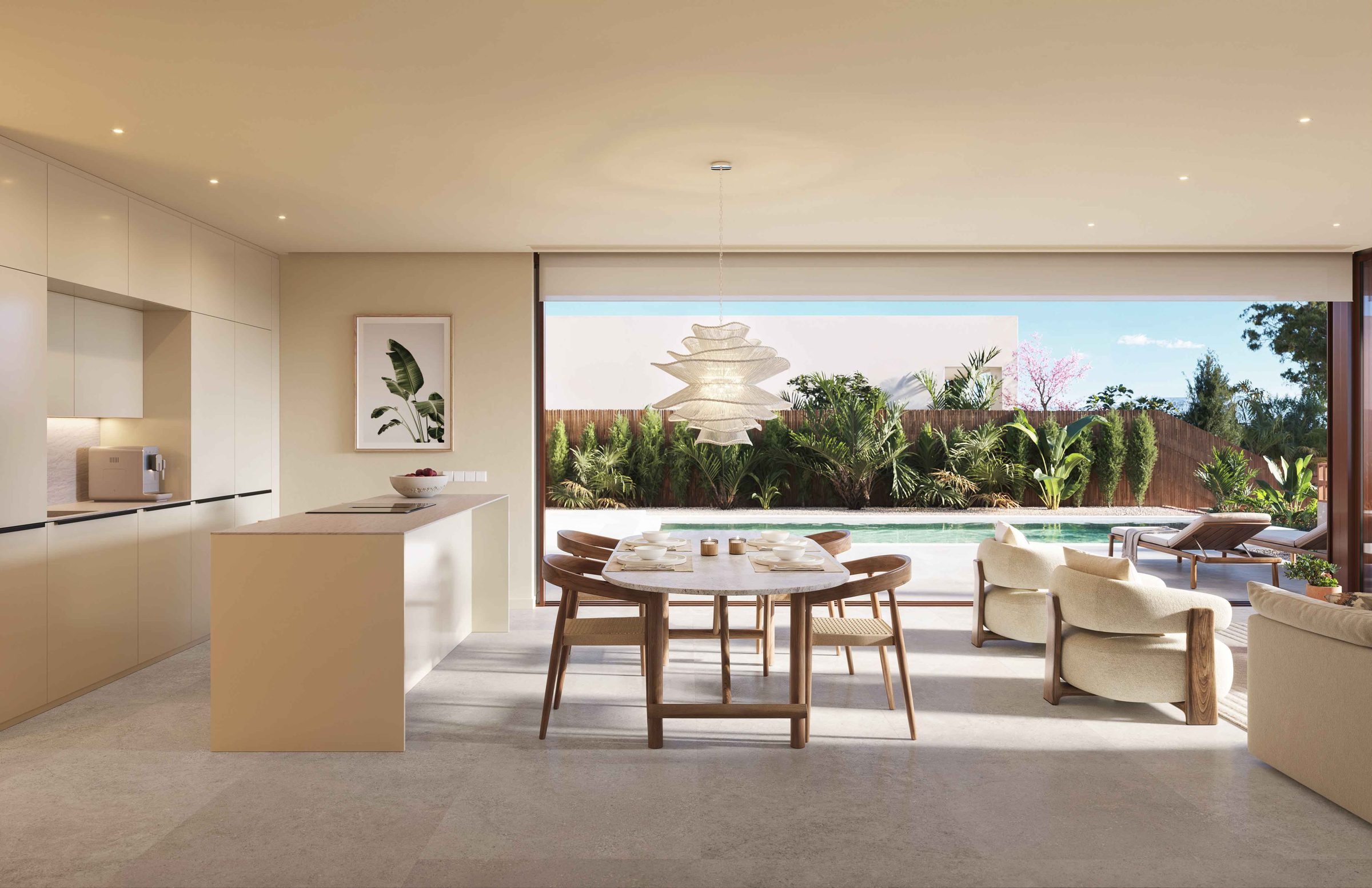 Open kitchen with dining area and views of the swimming pool